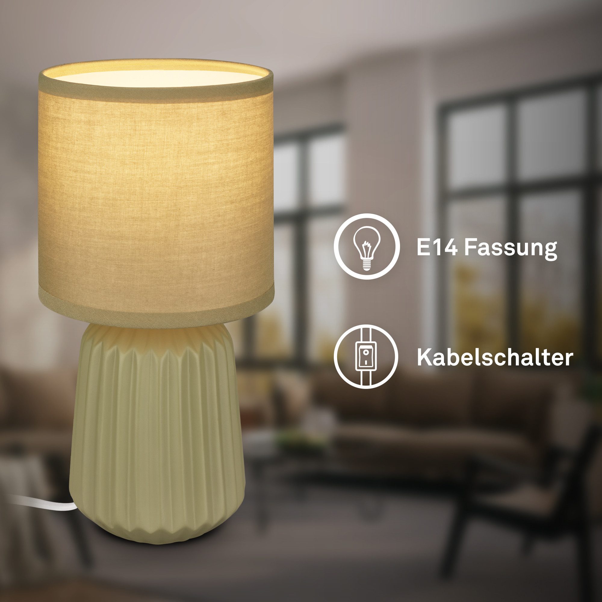Briloner Leuchten LED Tischleuchte Tischlampe Keramik E14 Stoffschirm Kabelschalter Kommodenlampe, ohne Leuchtmittel, Abhängig vom Leuchtmittel, 13x27 cm, Schlafzimmer, Wohnzimmer, Flur