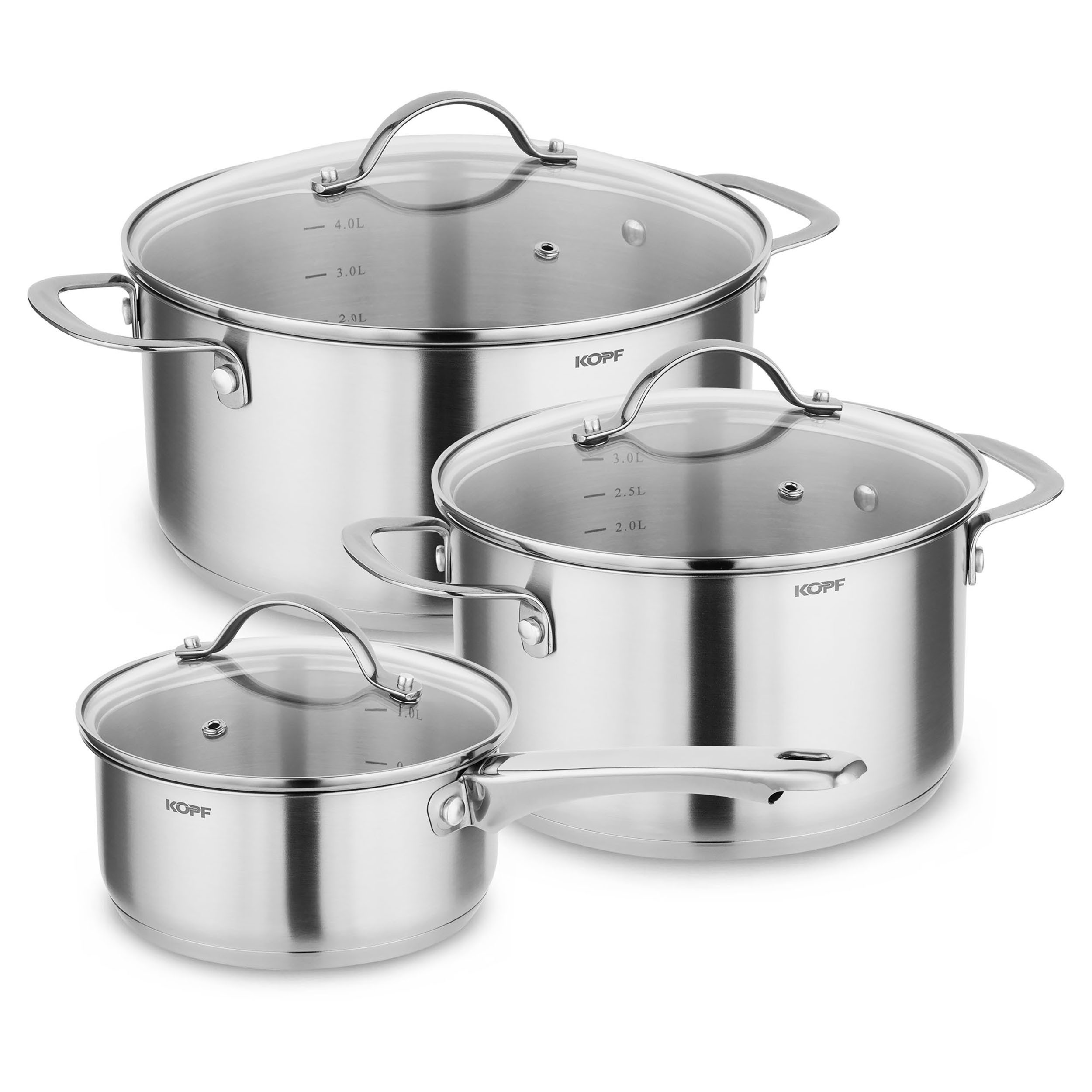 Kopf Topf-Set Clara, Edelstahl (Set, 6-tlg., 2 Kochtöpfe, Stielkasserolle, 3 Glasdeckel), Kochtopfset, Töpfe Induktion, Spülmaschinengeeignet, Backofenfest