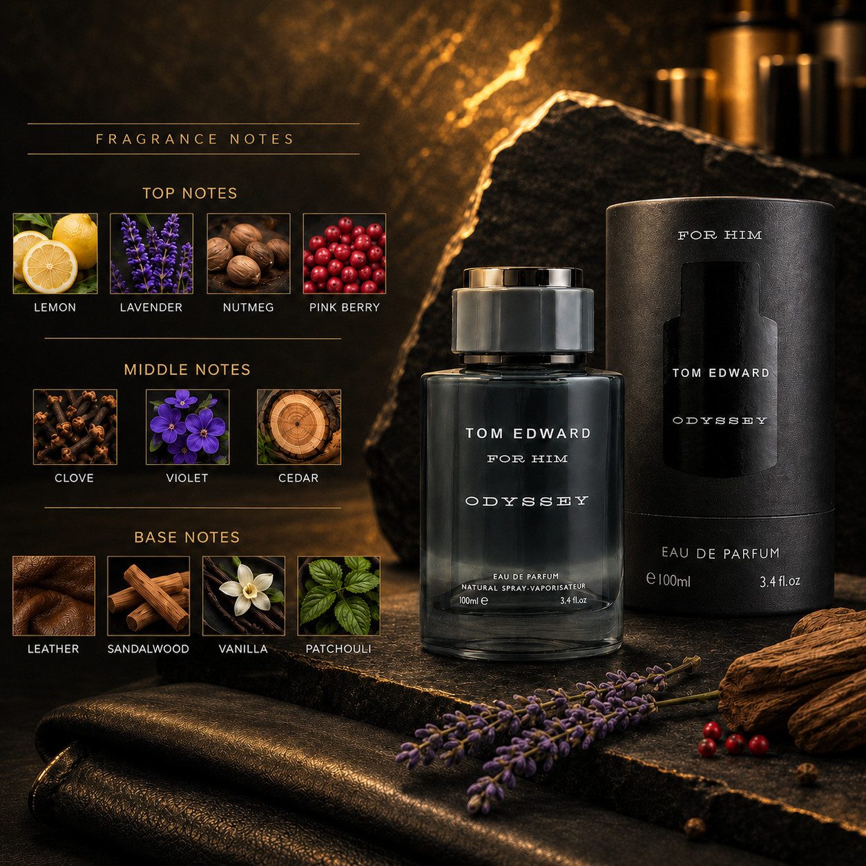 TOM EDWARD Eau de Parfum Tom Edward Odyssey for Him Herrenduft Wurzig Holzig Ledrig e100 ml, Hergestellt in UK, Premium Herenduft, Langanhaltend, Schone Verpackung