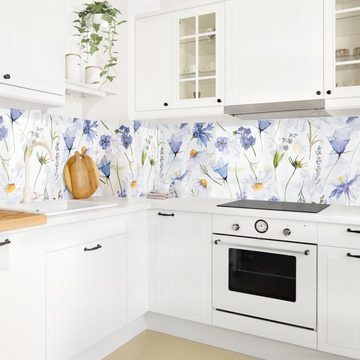 Bilderdepot24 Küchenrückwand blau dekor Muster Wandpaneel Küche Glockenblumenwiese, (1-tlg., Nischenrückwand - für Fliesenspiegel ohne Bohren - matt), Spritzschutz Rückwand Küche Herd - Folie selbstklebend versch. Größen