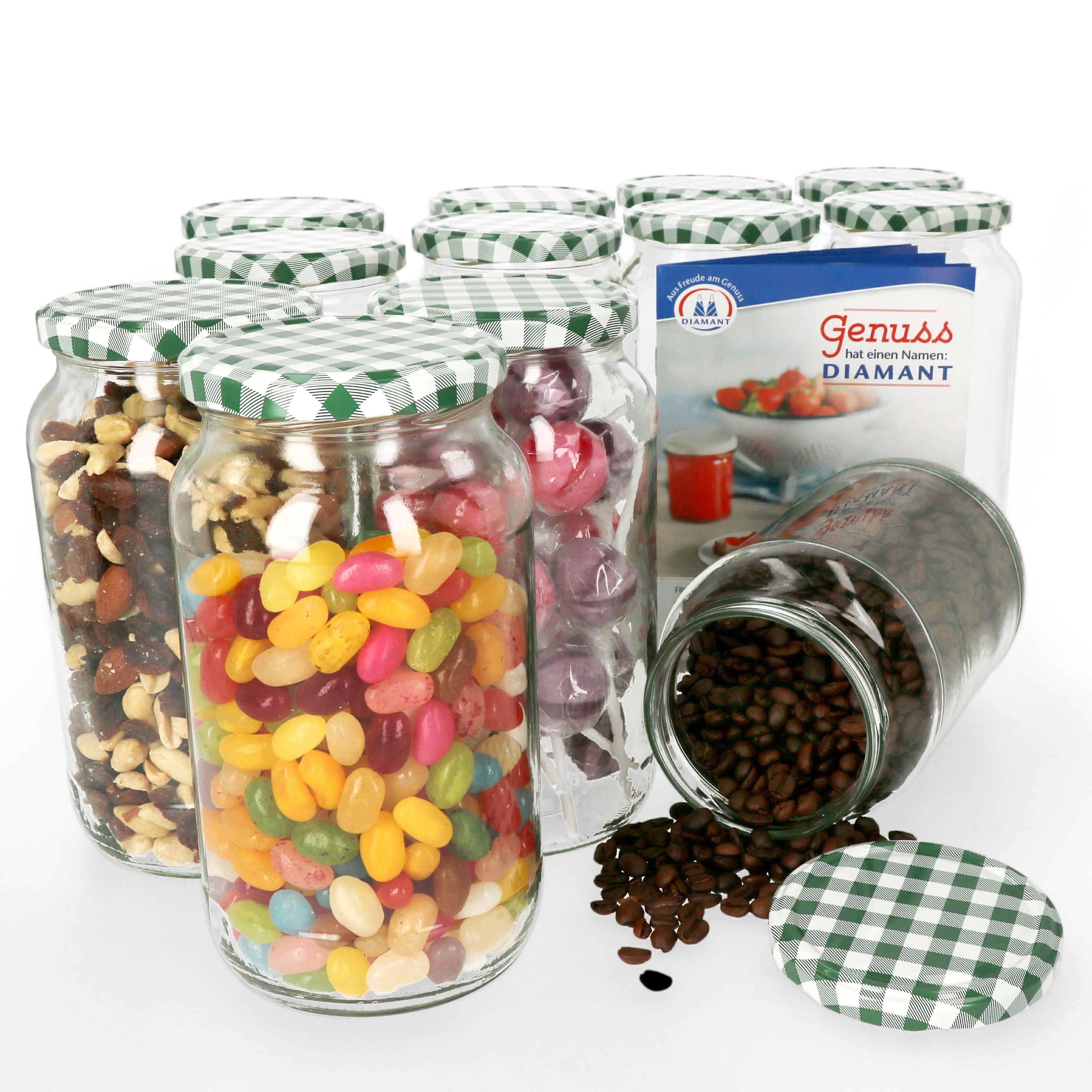 MamboCat Einmachglas 12er Set Rundglas 1062 ml To 82 grün karierter Deckel incl. Rezeptheft, Glas