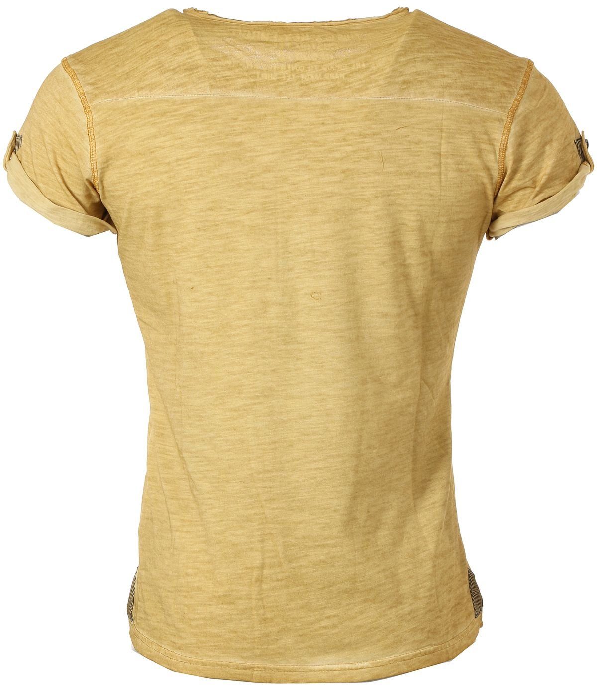 mit Knopfleiste Yellow slim Herren unifarben für Look Honey fit T-Shirt kurzarm vintage button Largo MT00023 Arena Key