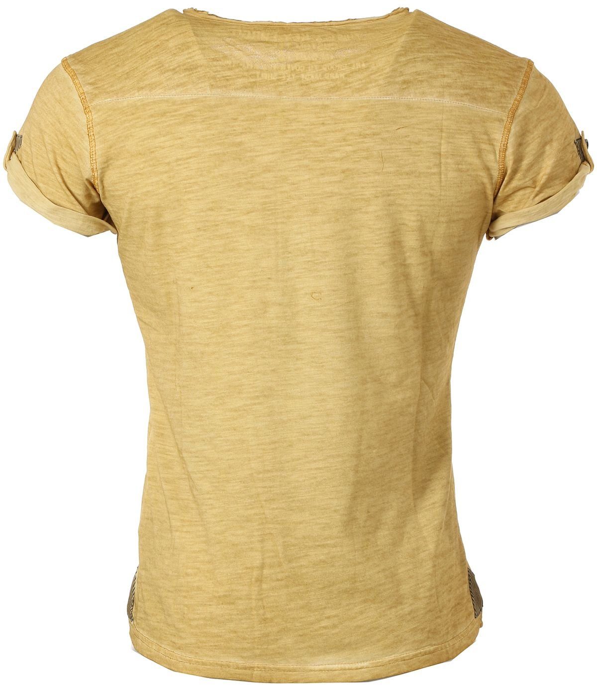 Key Herren mit Knopfleiste fit Yellow button Look slim T-Shirt MT00023 für vintage Largo kurzarm Arena unifarben Honey