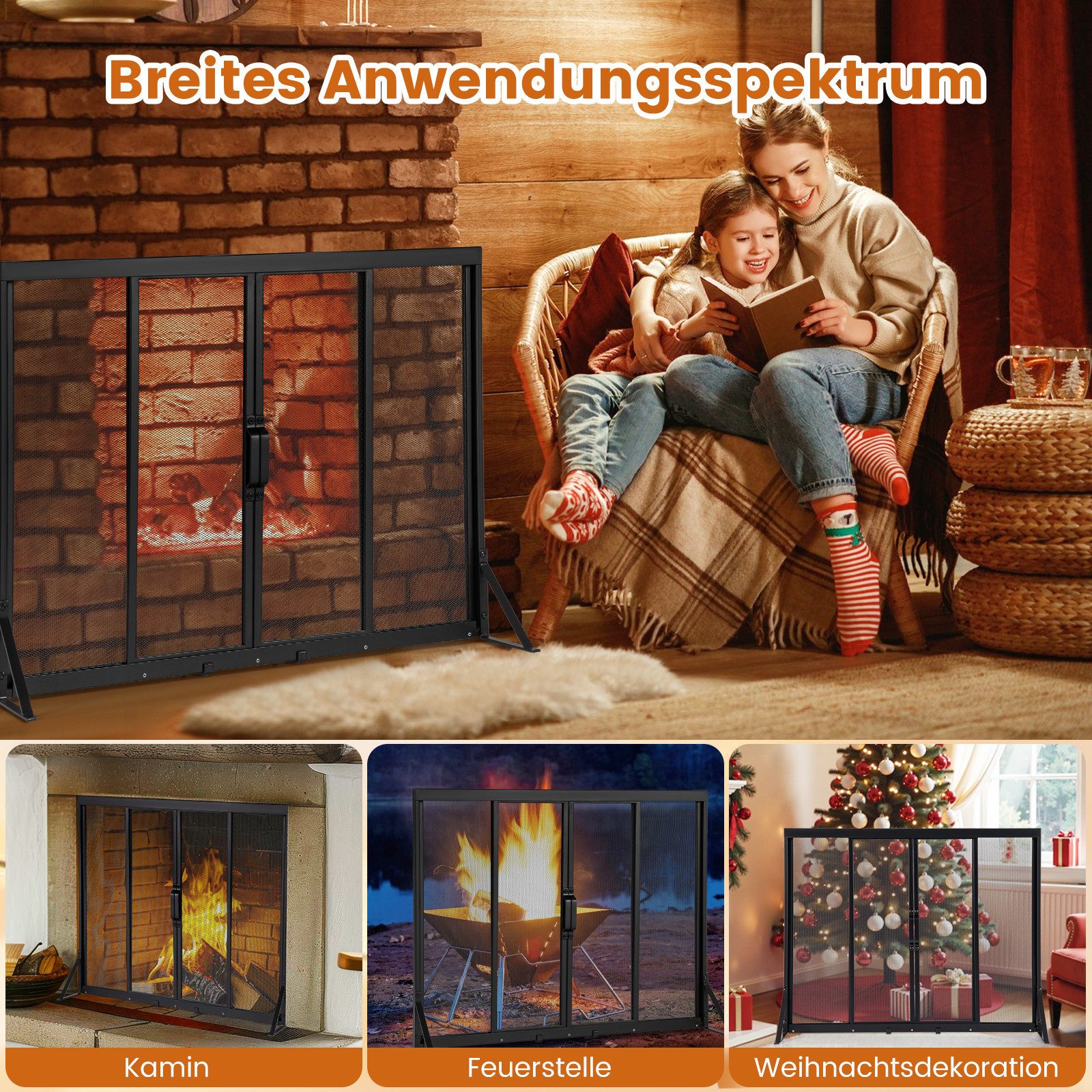 COSTWAY Kamingitter, Funkenschutzgitter mit Schiebetüren 89x72cm