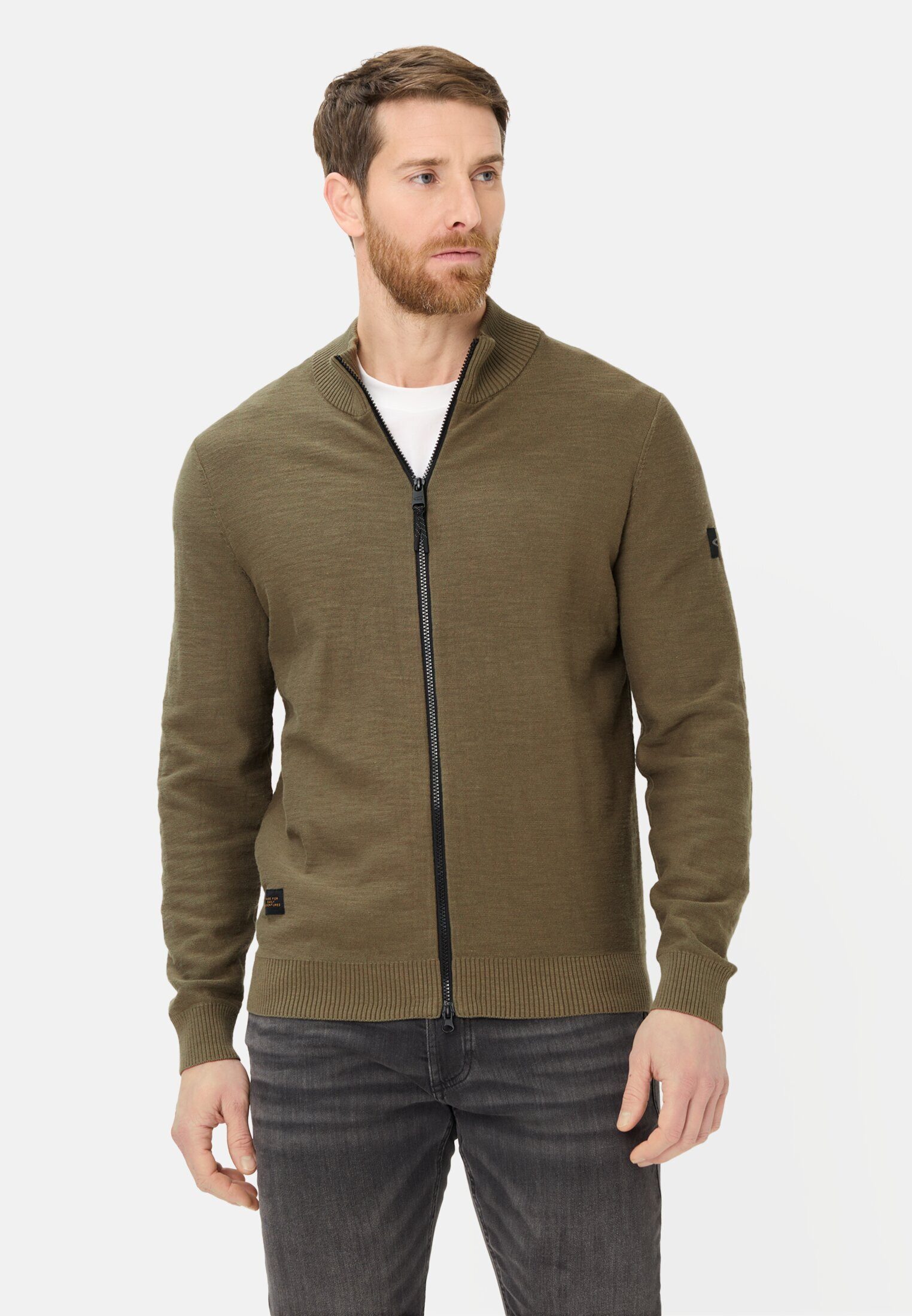 camel active Strickjacke Strickjacke aus reiner Baumwolle Langarm Stehkragen