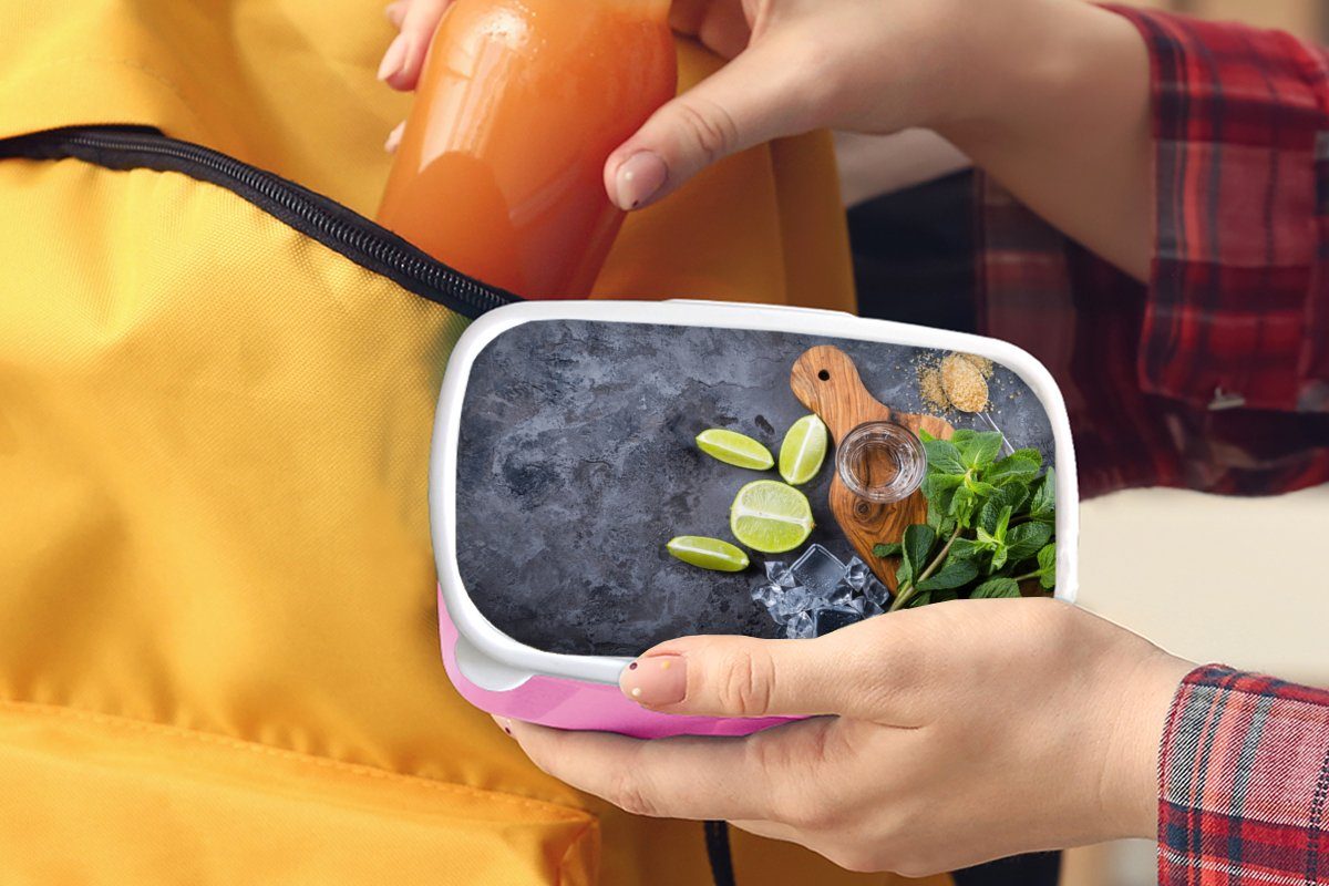 rosa Mädchen, (2-tlg), Zitrone, Snackbox, Kunststoff, Brotbox Kinder, - Kunststoff - Obst MuchoWow Schneidebrett Glas Erwachsene, für Lunchbox - Brotdose
