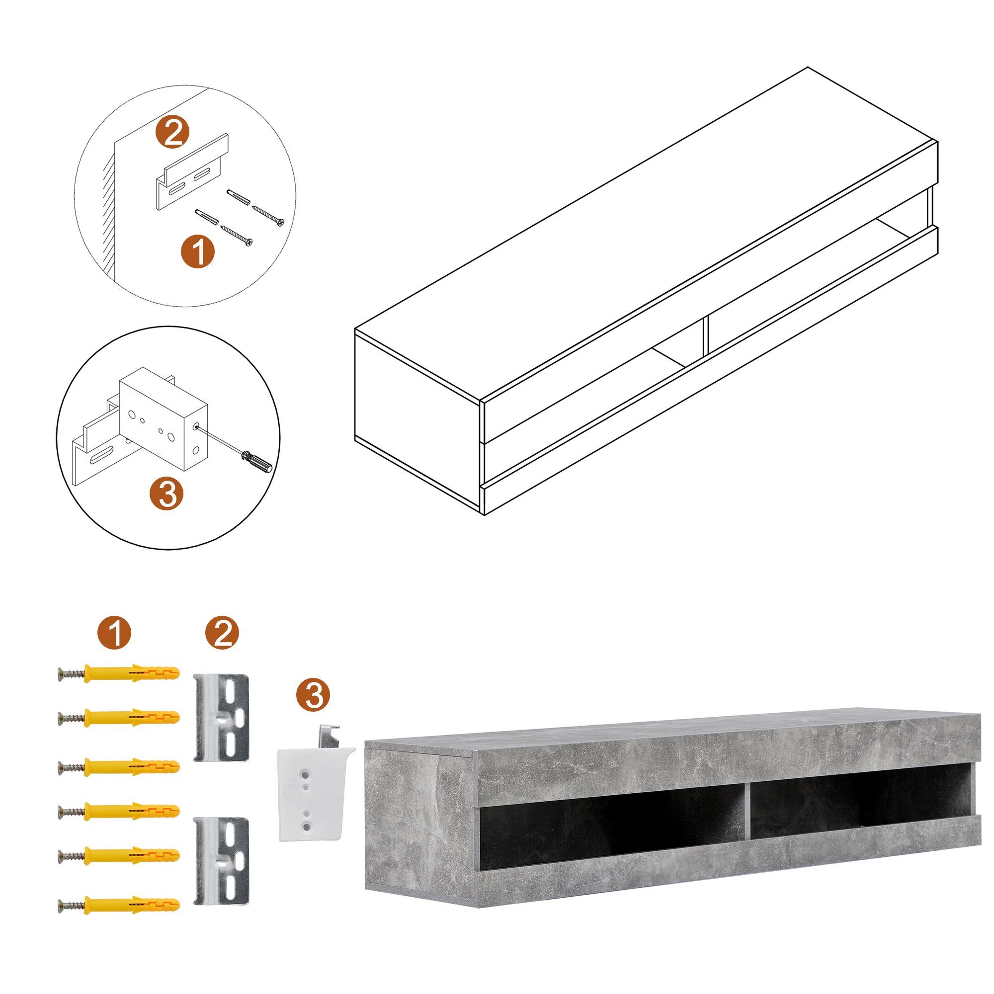 Lowboard, TV-Schrank mit LED-Belechtung, Breite 140 cm, stehend und hängend