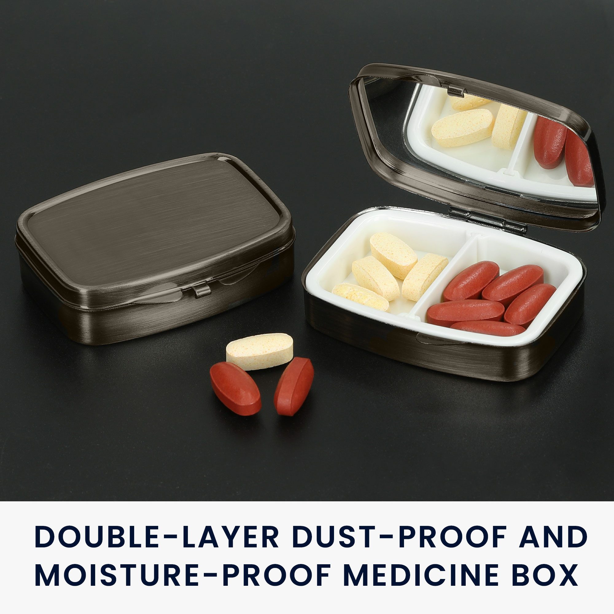 kwmobile Pillendose 2x Edelstahl Tablettenbox mit 2 Fächern - 5,5 x 4 x 1,5cm (2 St), Pillendose klein Tablettendose Tragbare Pillenbox Medikamentenbox Dose