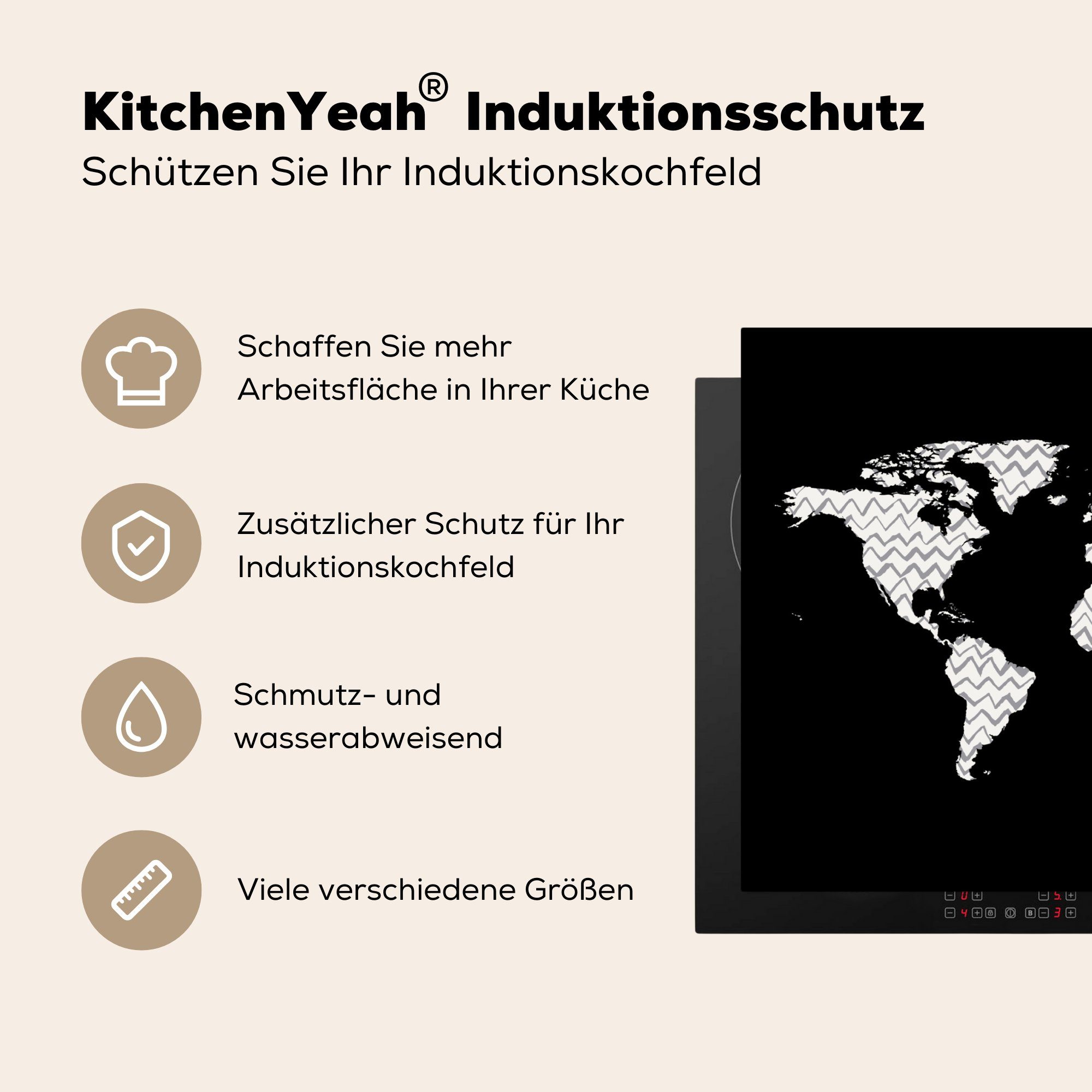 Induktionskochfeld - (1 Muster Weltkarte Schutz tlg), - küche, die Ceranfeldabdeckung für 71x52 cm, Herdblende-/Abdeckplatte MuchoWow Vinyl, Schwarz,