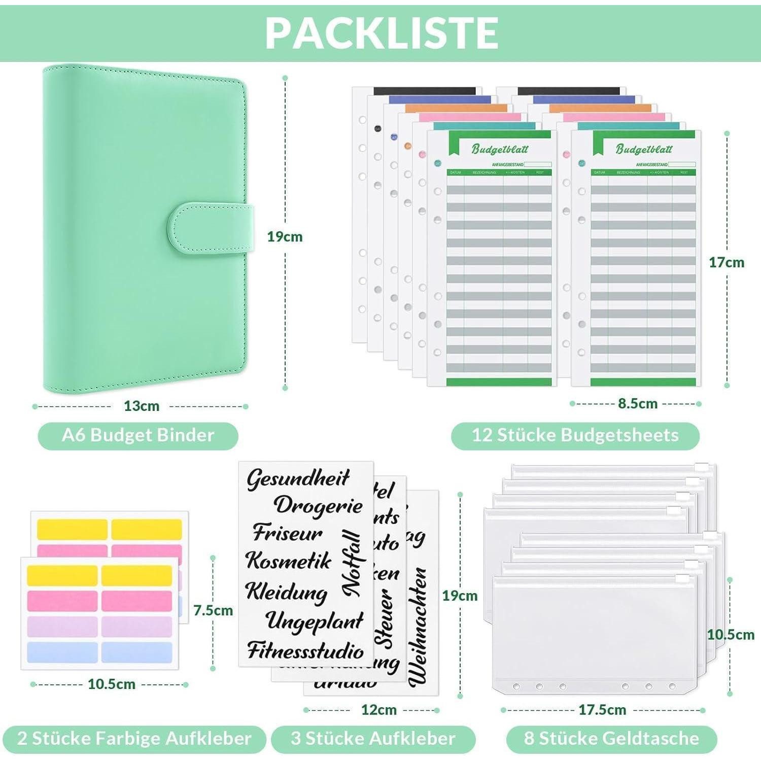 LuxusKollektion Briefumschlag Budgetplaner Geldumschläge A6 Budget Binder Set Grün