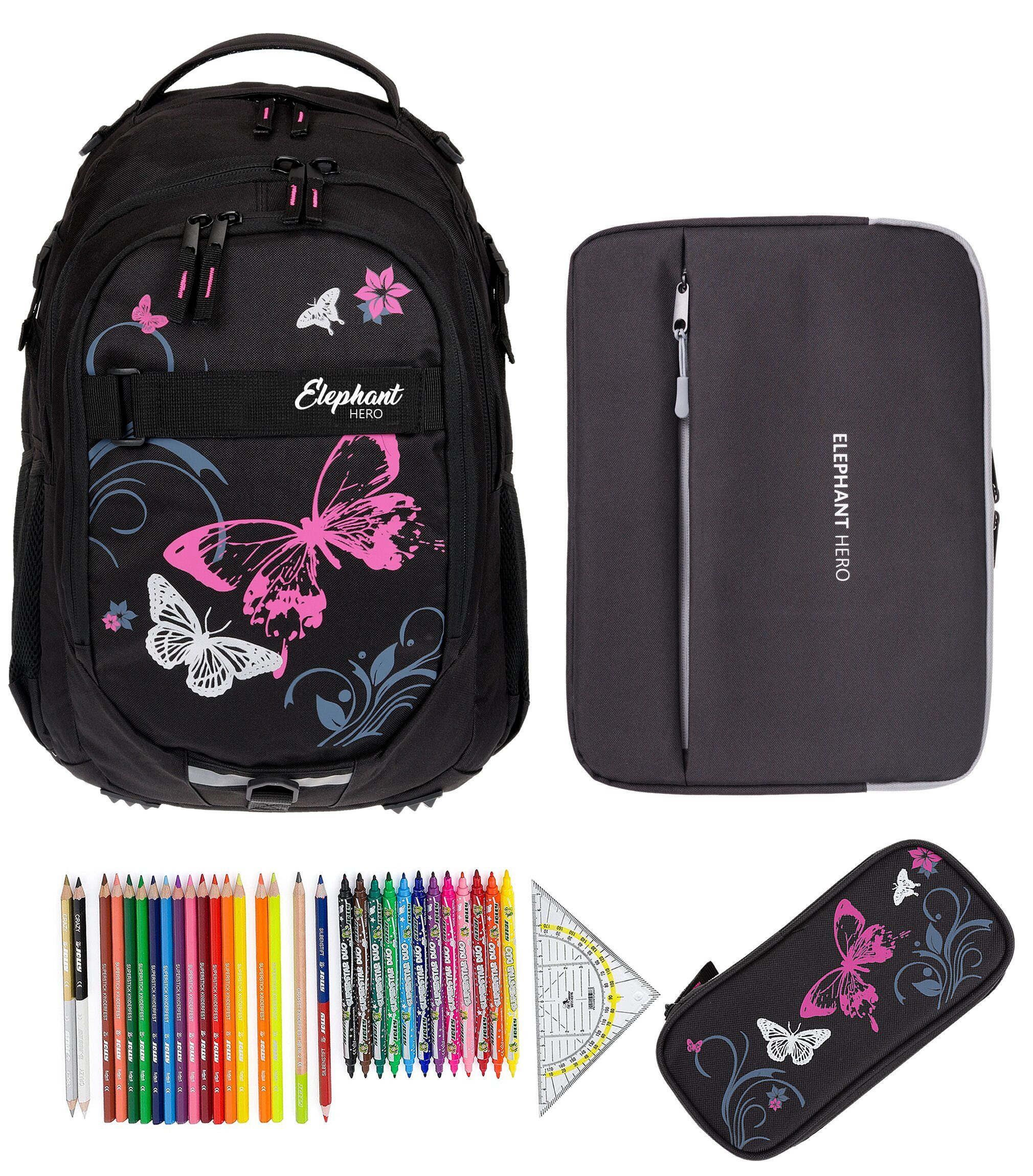 ELEPHANT Schulrucksack Hero Signature Schultasche Digital Ready Set (4 Teile Schulrucksackset, 4-tlg., inkl. Mäppchen Box + Laptop Hülle Sleeve + 31 Teile Stifte), Rucksack Schulmappe Jungen Mädchen +rmlv