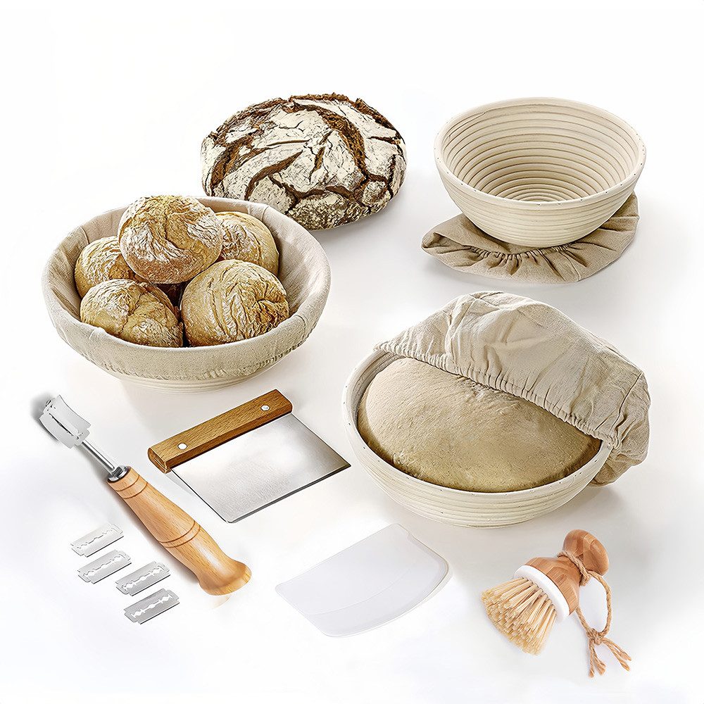 GLIESE Gärkorb Gärkorb Set mit Brotbacken Bäckermesser Gärkörbchen Oval, (Set 10-tlg), Rund Proofing Baskets 25x8 cm, 23x8,5 cm, 20x8 cm