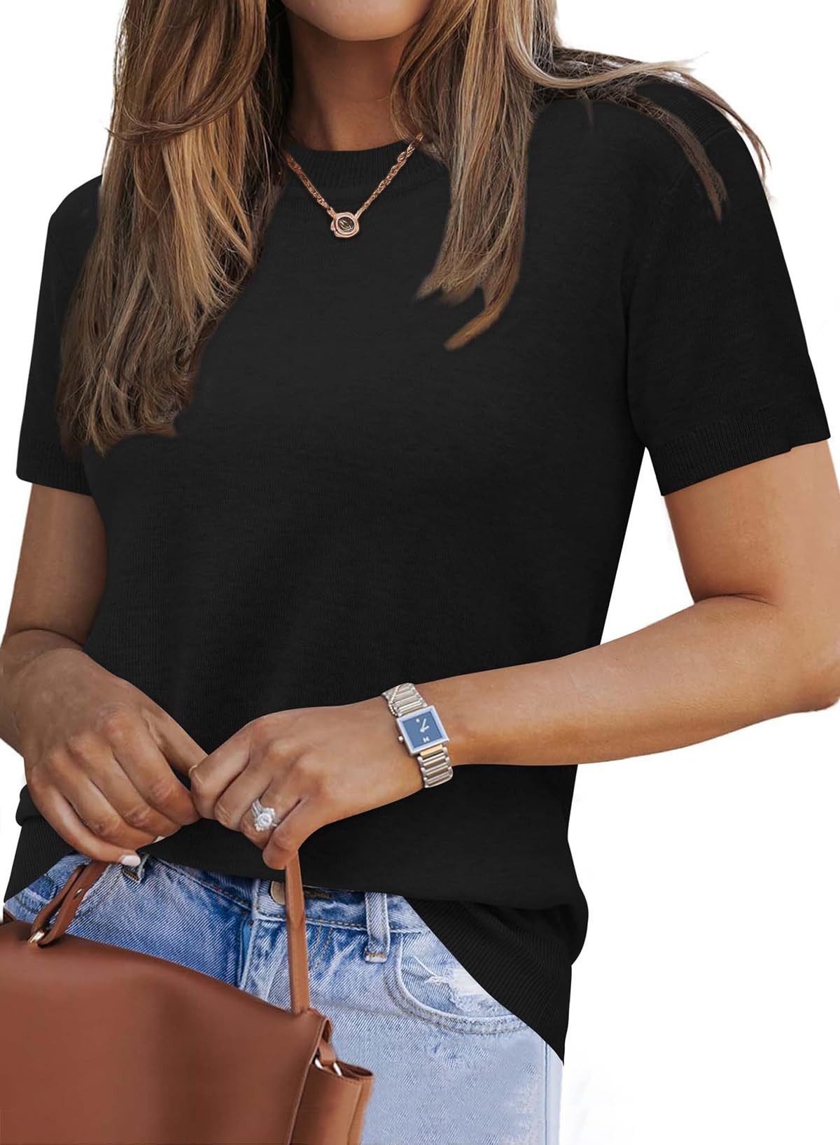 Arach&Cloz Strickpullover Damen Pullover Wolle Strickpullover Rundhals Strick Top Kurzarmshirt