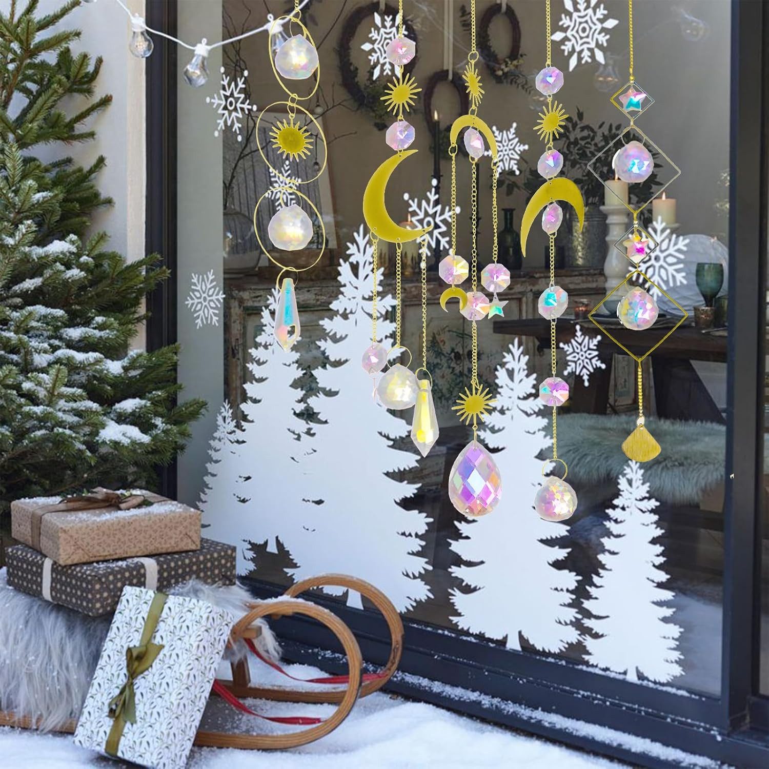 FOUORTUNATE-BEE Windspiel 5er Set Kristall Sonnenfänger mit Regenbogen-Effekt für Fenster (5 St), Kristall Windspiel Anhänger für Garten, Hochzeit und Weihnachten