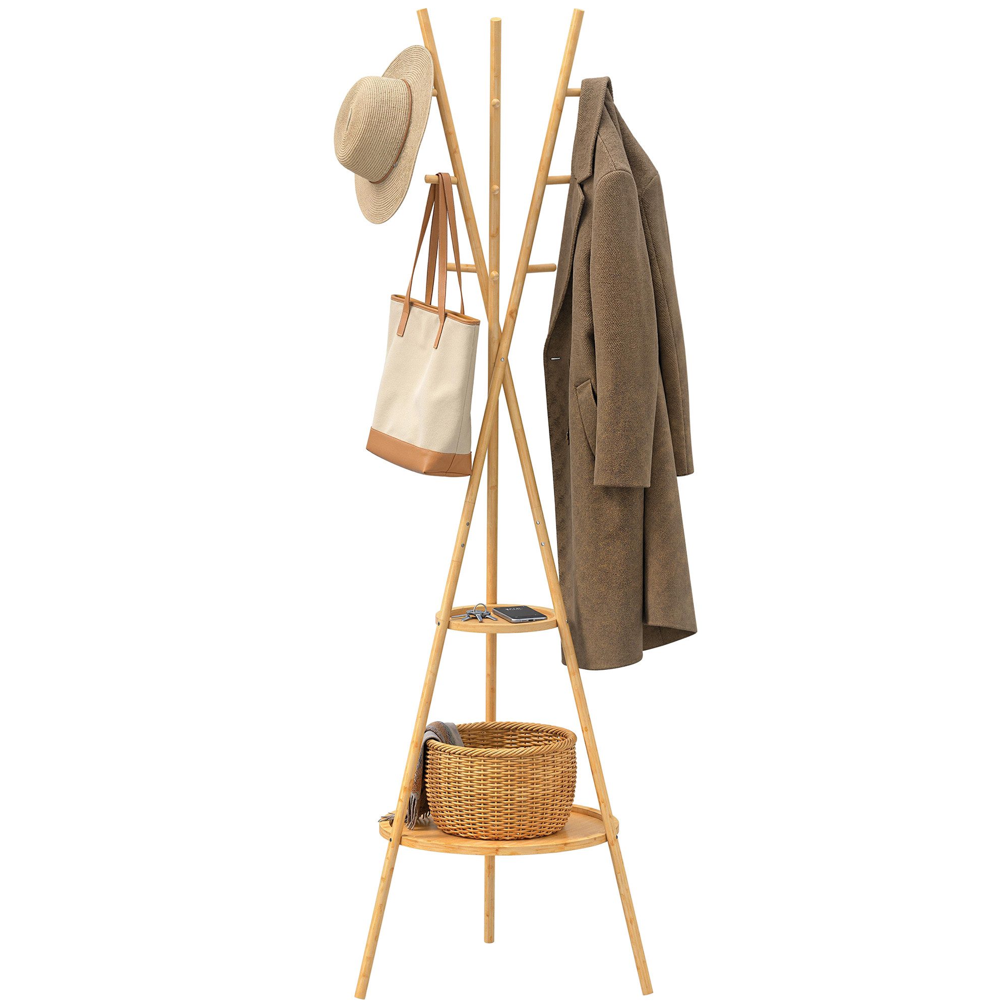 HOMCOM Garderobenständer Jackerständer Garderobe mit 9 Haken, für Flur, Eingangsbereich, (Set, 1 St., 1), aus Bambus, 2 Ablagefächer