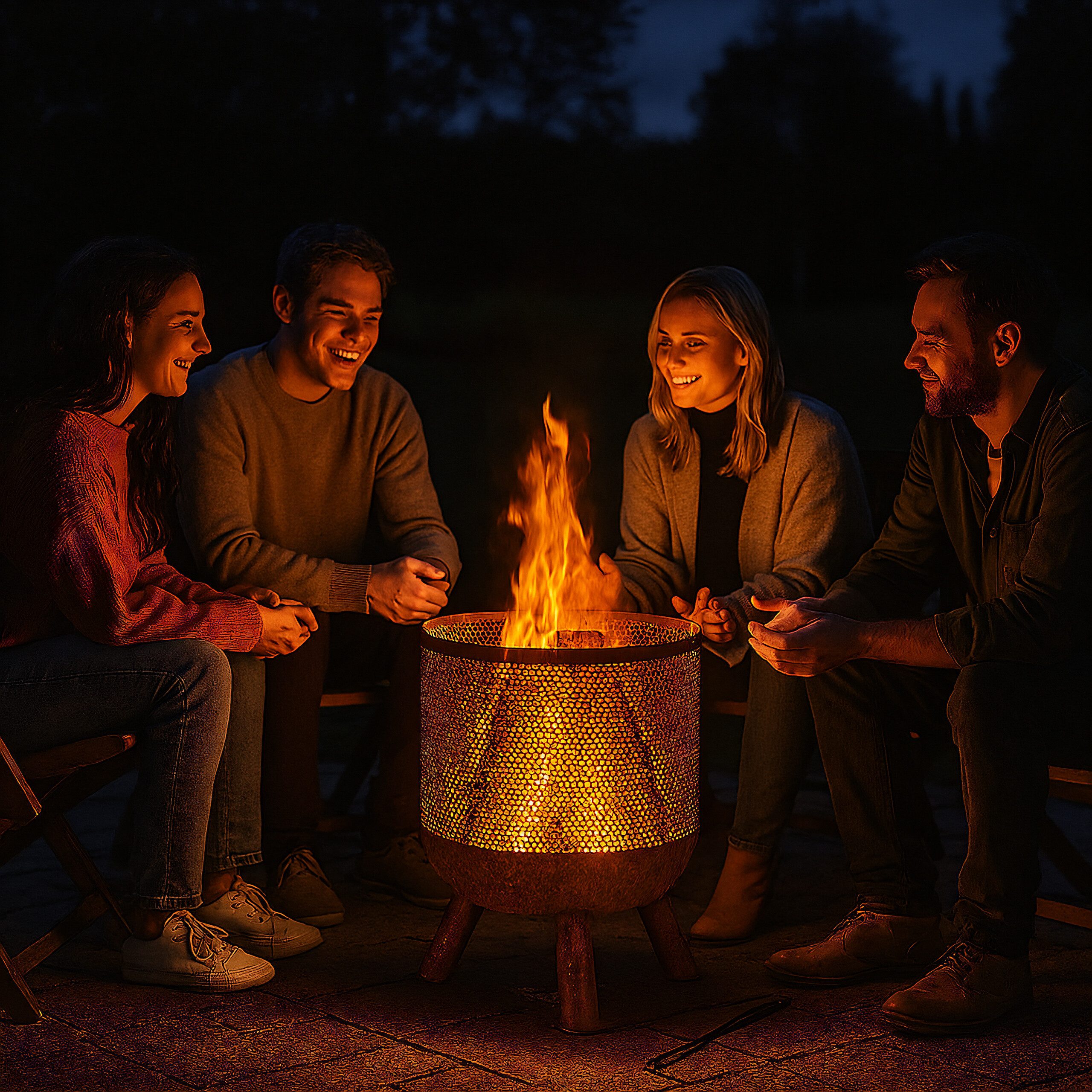 relaxdays Feuerkorb Mesh Feuerkorb in Rostoptik, (Feuerkorb-Set mit Feuerhaken und Holzrost, 3-St)