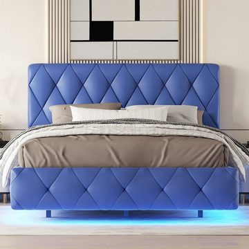 Merax Polsterbett Kunstleder mit Lattenrost, Doppelbett 140x200cm gepolstert mit LED, Bettgestell