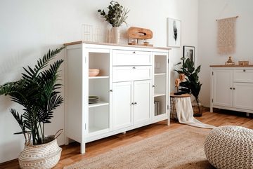 Newroom Highboard Eireen, Kommode Weiß Wildeiche Vintage Landhaus Schrank Sideboard Anrichte