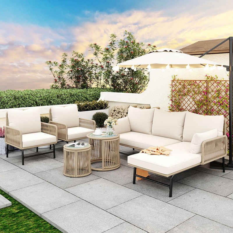 Flieks Gartenlounge-Set, 6-Sitzer Gartenmöbel mit gewebtem Seil (2 Sofas+2 Stühle+2 Tische)