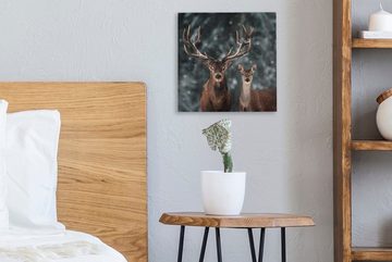 OneMillionCanvasses® Leinwandbild Hirsche - Tiere - Winter - Geweih - Schnee - Natur, (1 St), Leinwand Bilder für Wohnzimmer Schlafzimmer