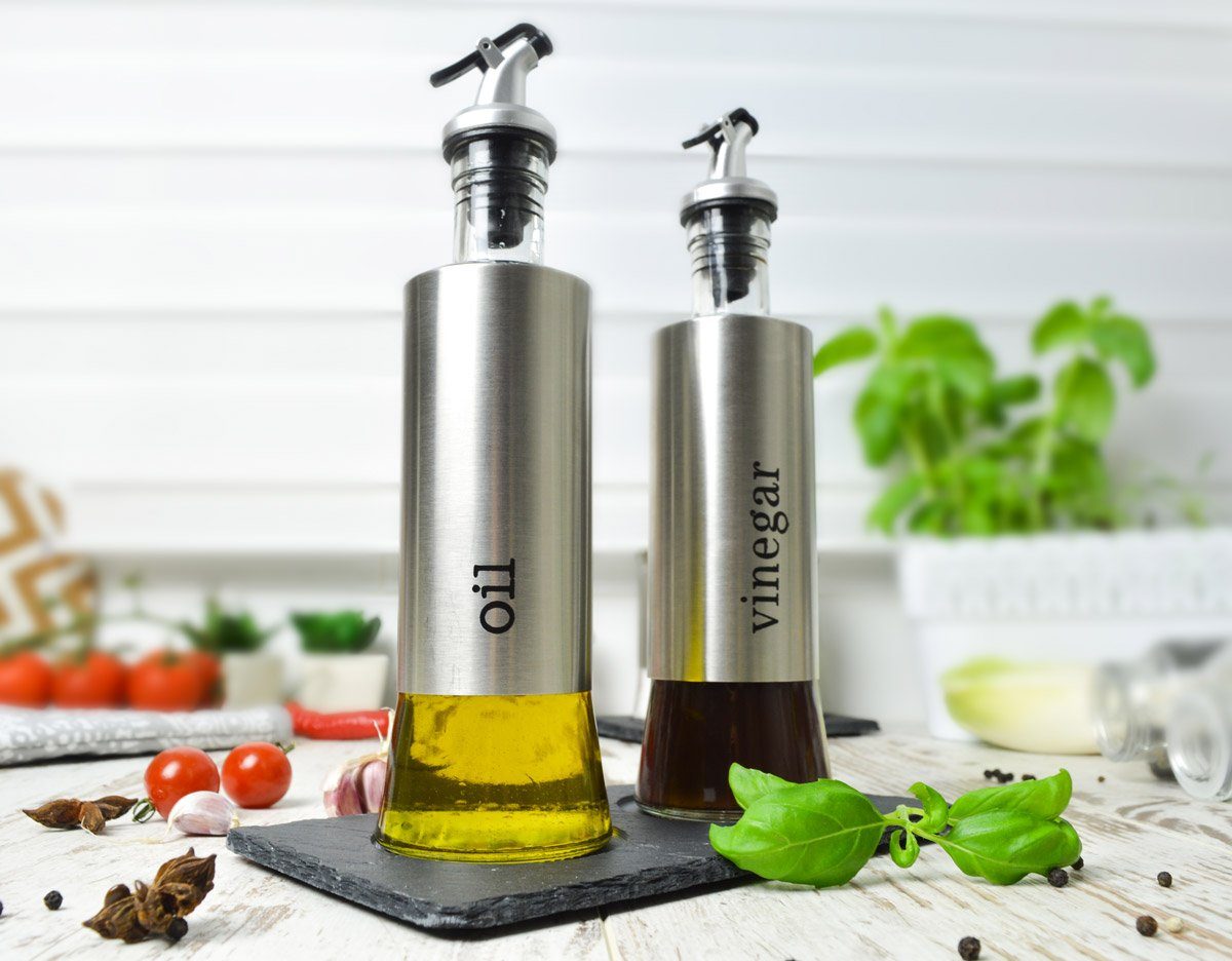 Sendez Menage-Set Öl und Essig Set auf Schieferplatte Ölspender Essigspender Ölflasche