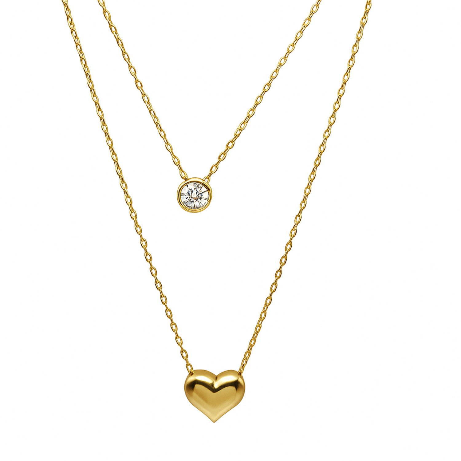 Kette mit Anhänger Vergoldete Layerkette 925 Silber mit Herz & Zirkonia – 42/46+3 cm
