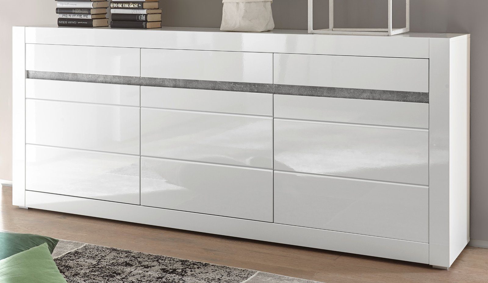 Furn.Design Sideboard Nobile (Anrichte in weiß, 3 Türen, 3 Schubladen, Breite 217 cm), Türen und Schubladen mit Soft-Close Hochglanz