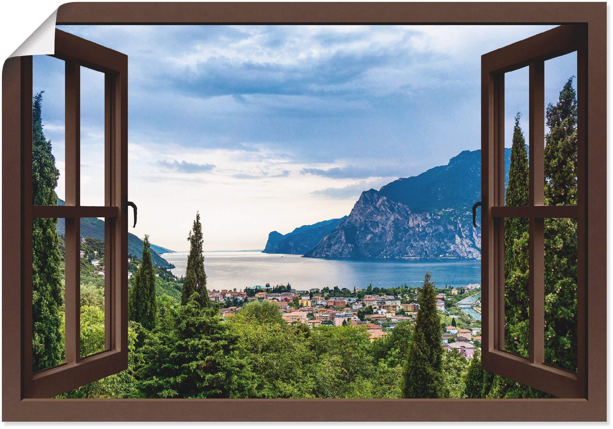 [Eröffnungspreis für alle Produkte] Artland Wandbild Gardasee versch. Größen Fenster, Seebilder St), (1 Wandaufkleber Leinwandbild, oder Poster Alubild, durchs in als braune