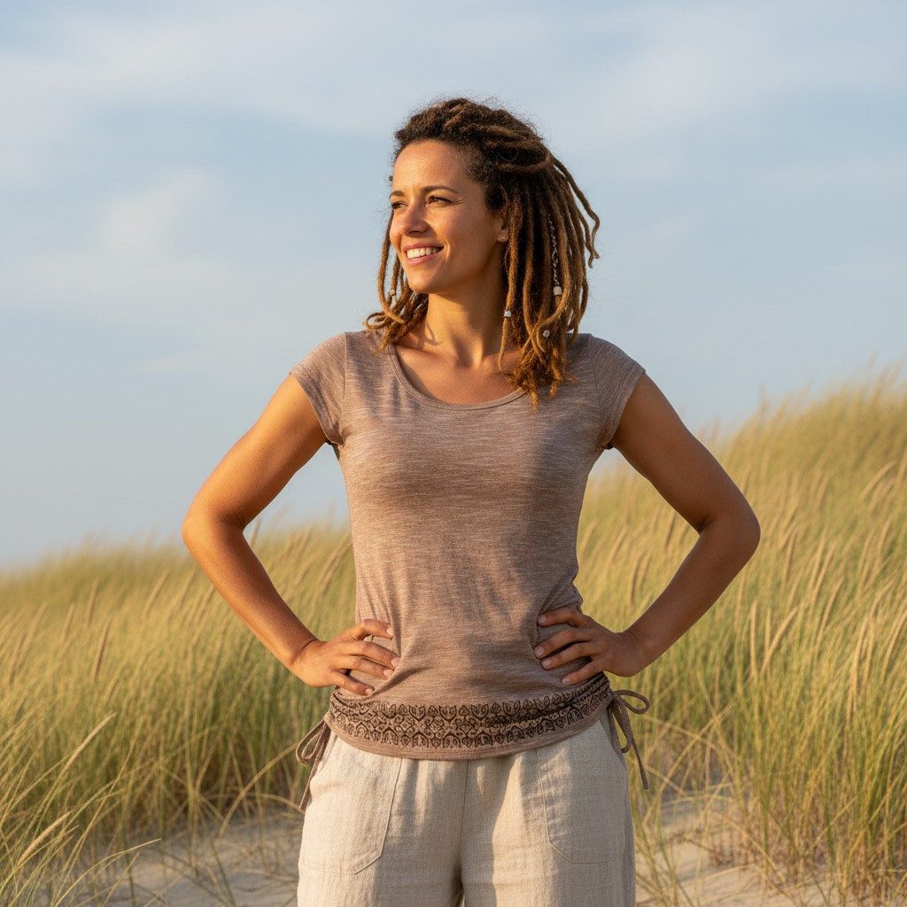 Guru-Shop T-Shirt Yoga T-Shirt aus Bio-Baumwolle - cappuccino Festival, Eth günstig online kaufen