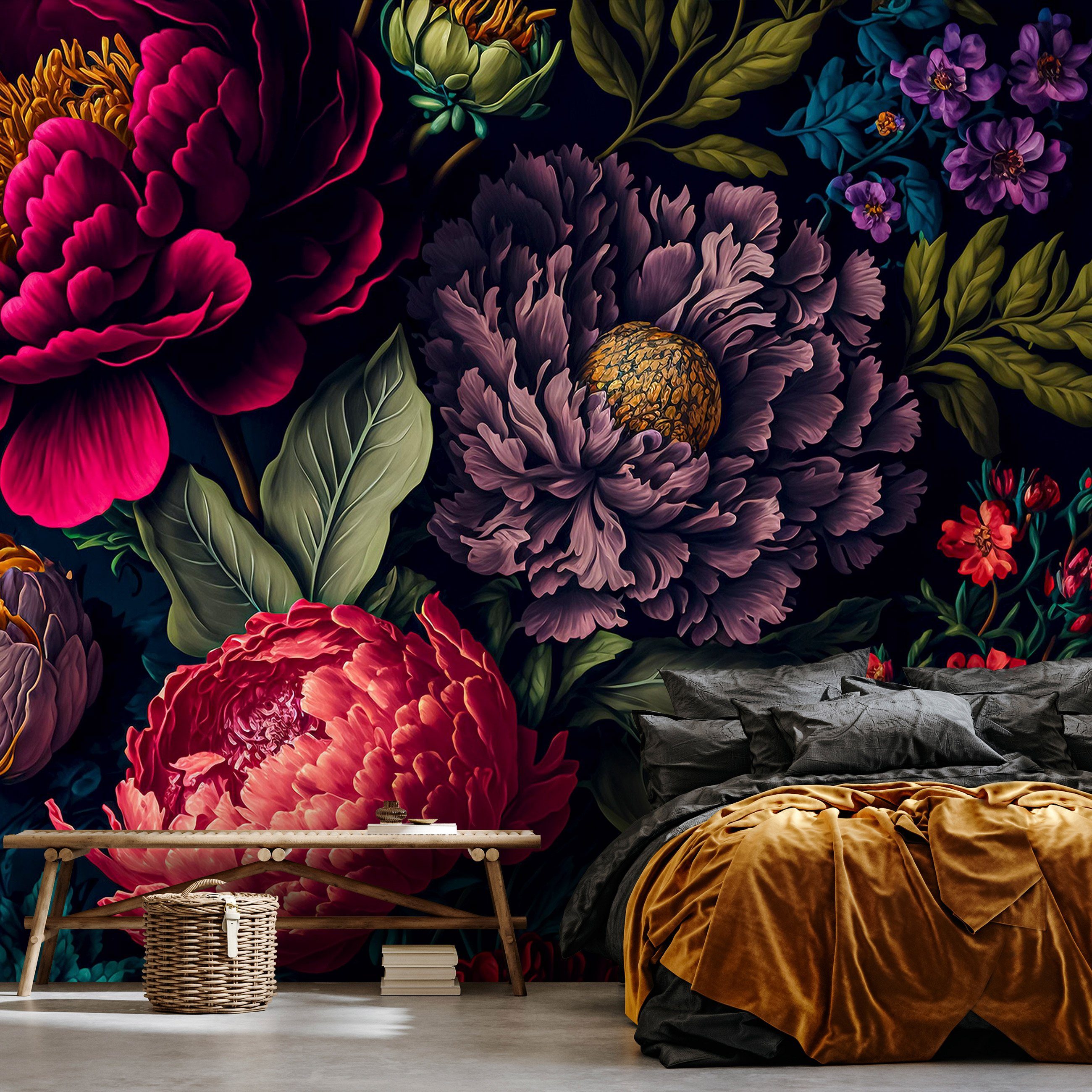 Wallarena Fototapete Blumen Vintage Dark Tapete Wohnzimmer Schlafzimmer Wandtapete, Glatt Vlies Struktur Vinyl, Kunst, Fototapete Wohnzimmer Schlafzimmer - Vliestapete inklusive Kleister
