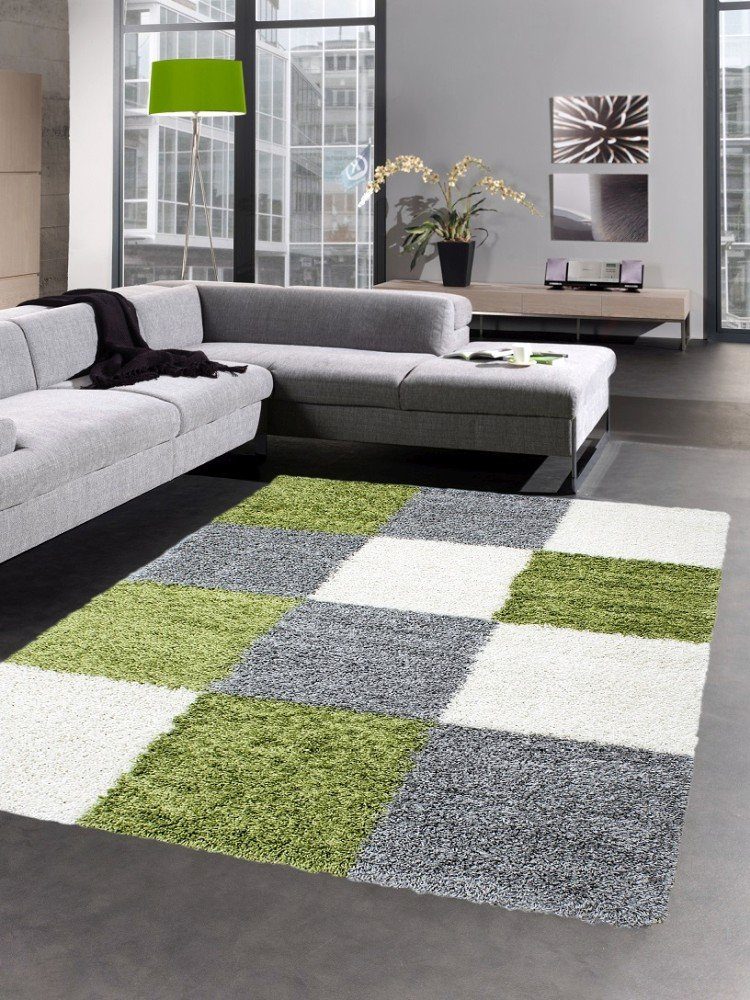 Hochflor-Teppich Shaggy Teppich Hochflor Langflor Bettvorleger Wohnzimmer Teppich Läufer Karo grün grau creme, Carpetia, rechteckig, Höhe: 30 mm