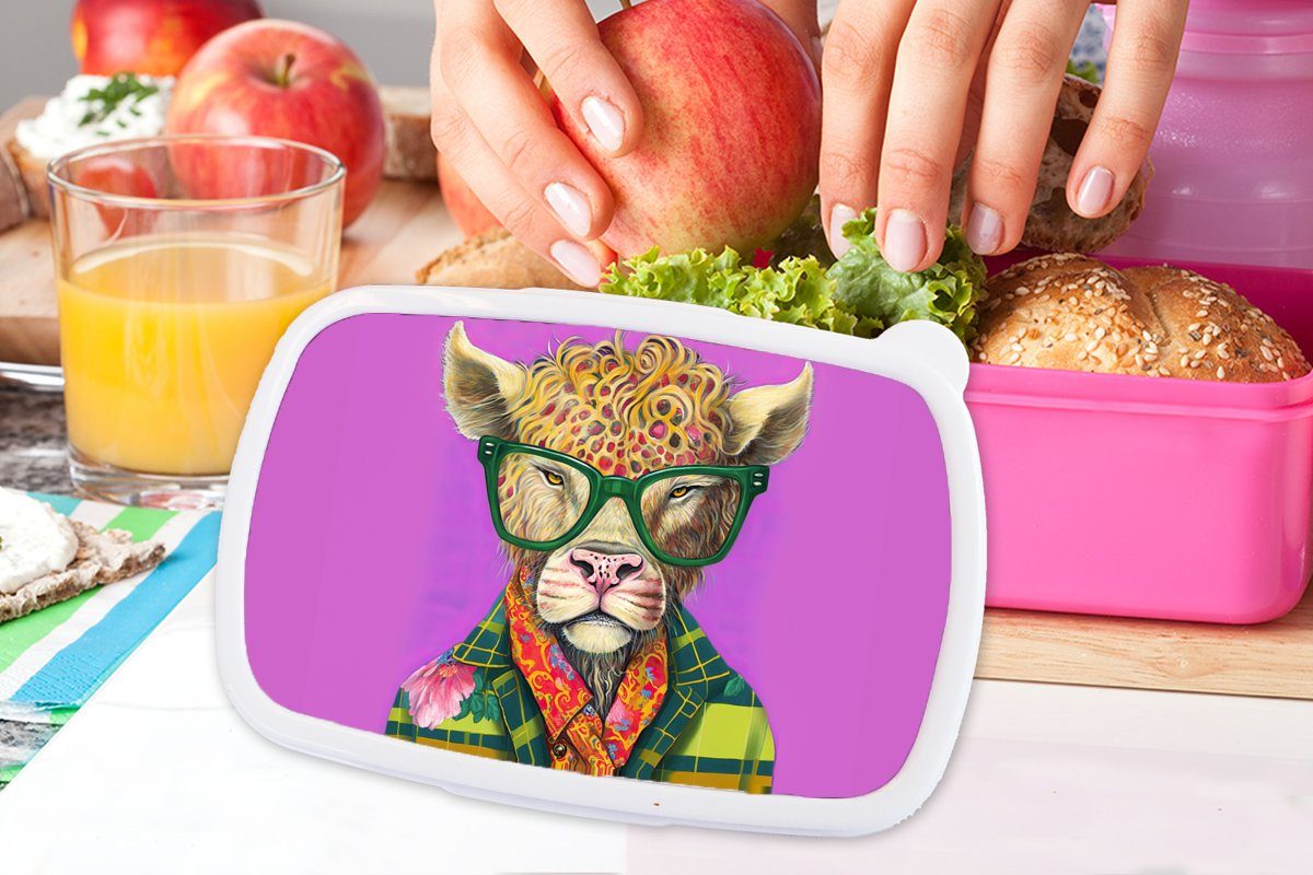 MuchoWow Lunchbox Kinder, - Kunststoff, Brotbox Highlander Brotdose Mädchen, Kunststoff Brille Hippie, Erwachsene, - (2-tlg), - rosa Blumen Tier Snackbox, Schottischer für 