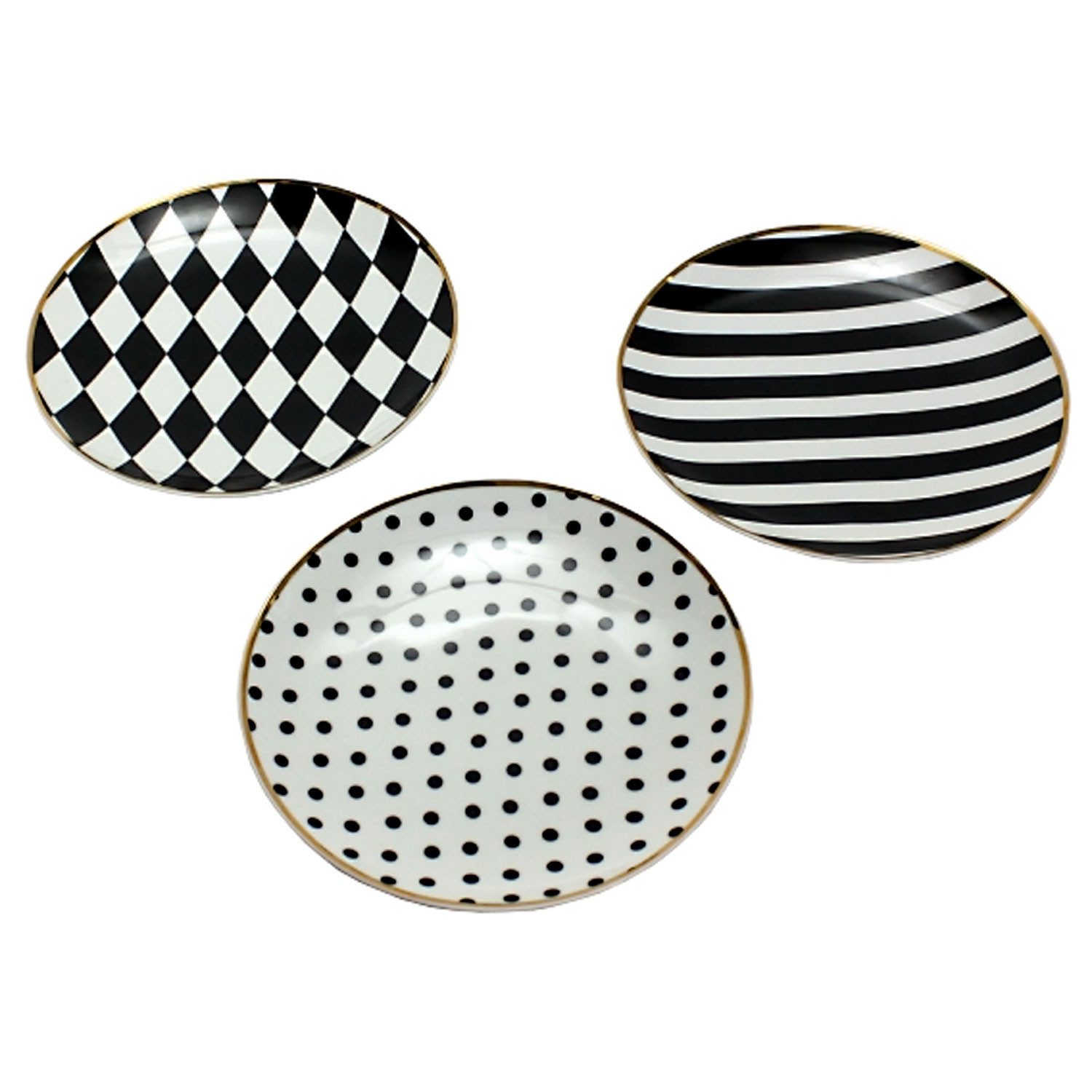 degawo Frühstücksteller Schwarz Weißer Porzellan Teller mit Punkten und einem Goldrand.