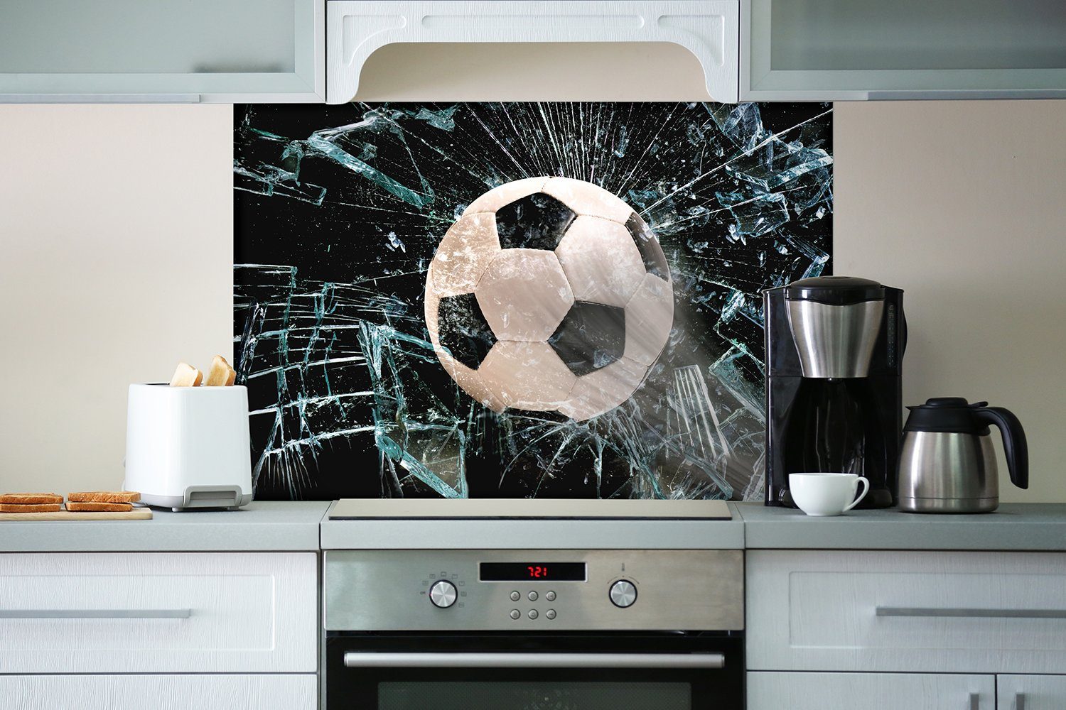 Glas, - Splitter (1-tlg) Wallario Küchenrückwand Fußball im Fenster, und