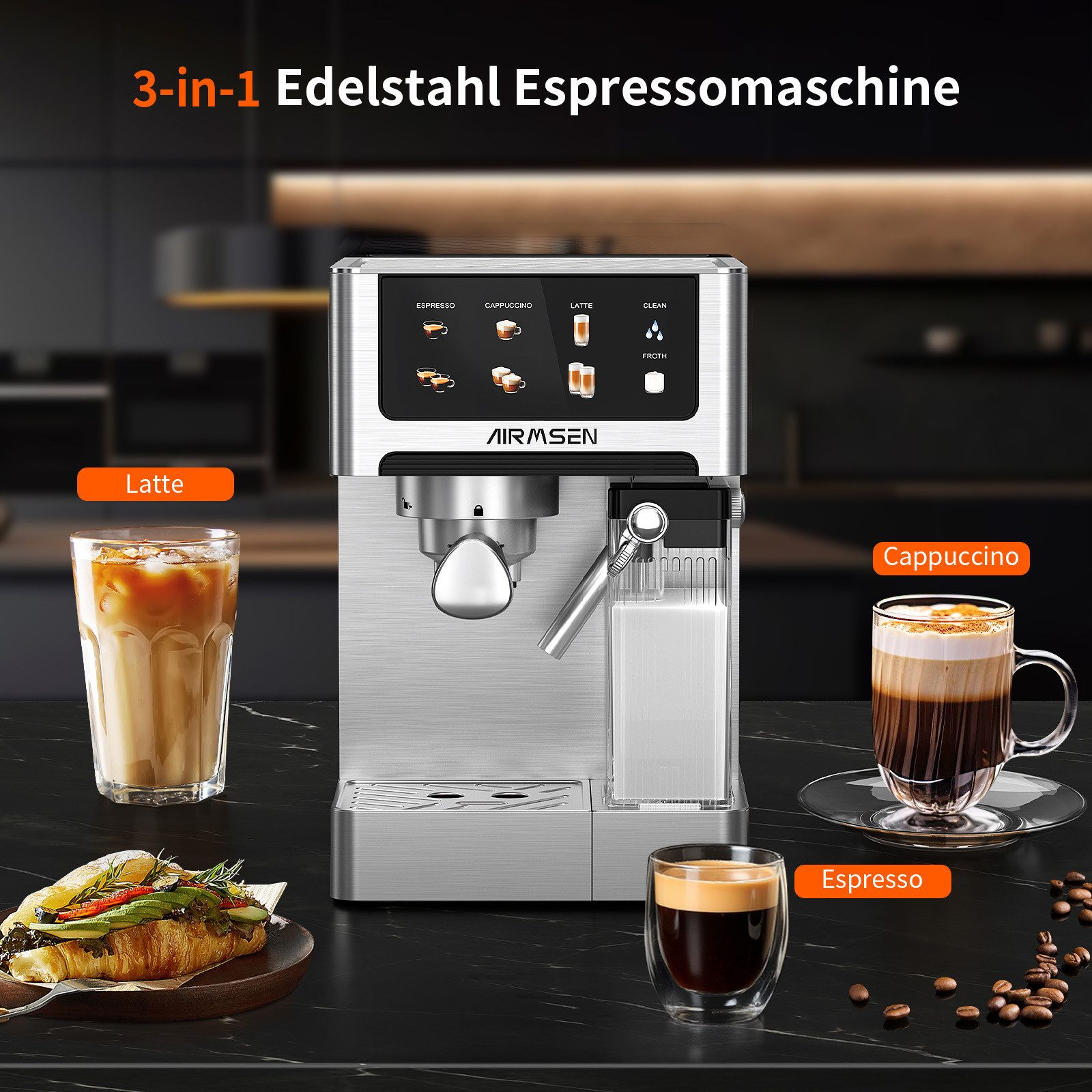 Airmsen Espressomaschine 20 Bar mit automatischem Milchaufschäumer für Zuhause,1.8L Wassertank, Edelstahlfilter, Cappuccino & Latte Kaffeemaschine mit Schnellbrüh-Doppelkessel