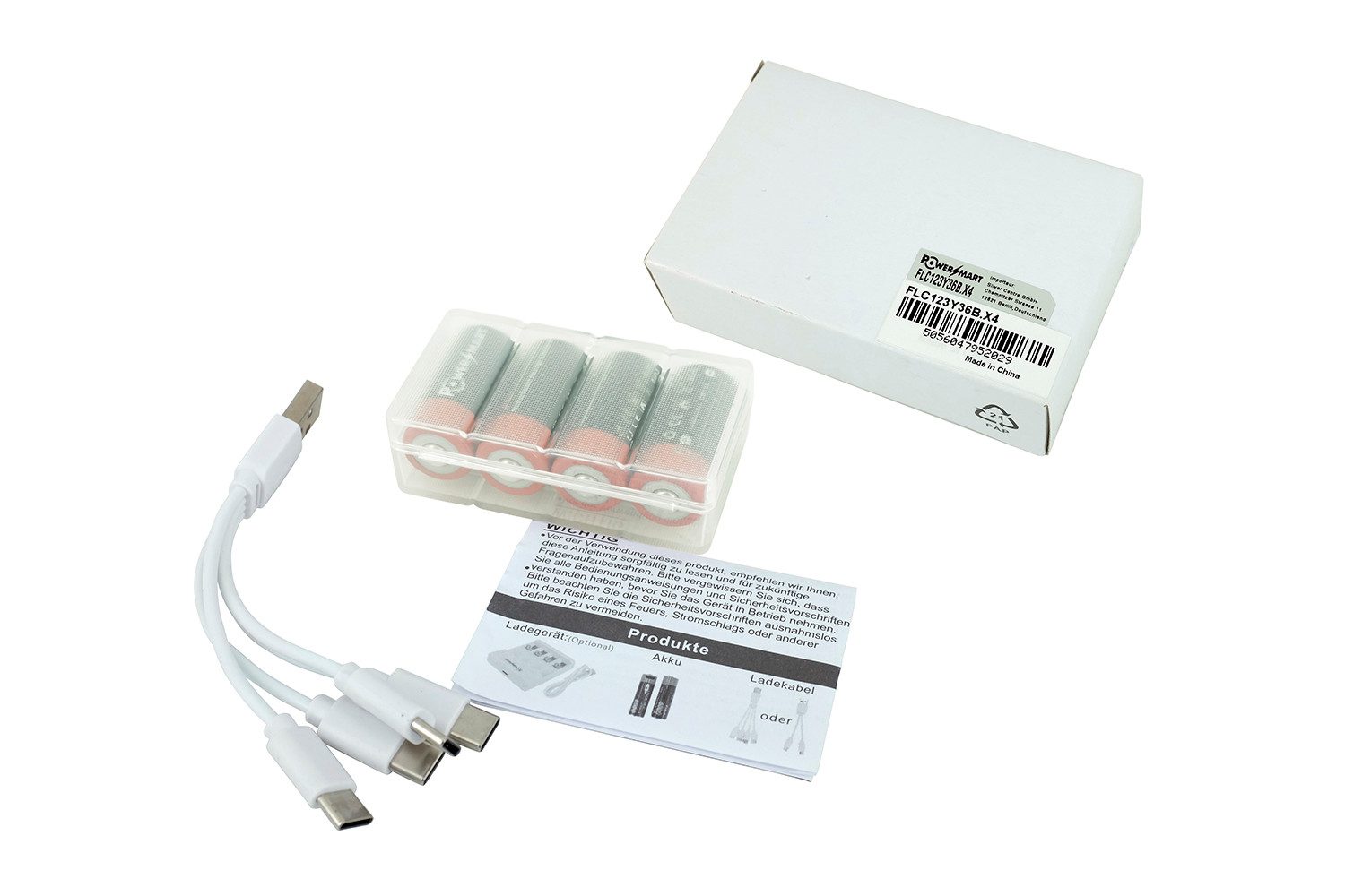 PowerSmart Zusatz-Akku 4x 123 Batterien, für CR123 CR123A CR17345, wiederaufladbare Lithiumbatterie Li-ion 850 mAh (3,6 V)