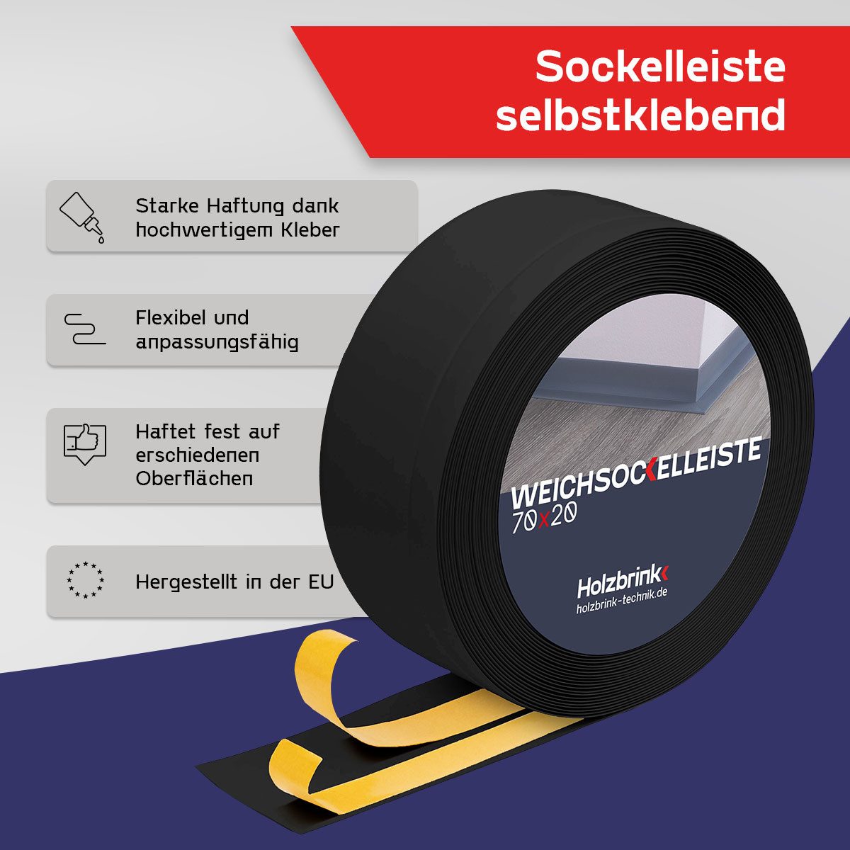 HOLZBRINK Sockelleiste PVC Weichsockelleiste selbstklebend 70x20mm Schwarz, L: 500 cm, 5m Rolle, Küchenabschlussleiste Arbeitsplatte, Fensterleiste, Fensterabdichtung