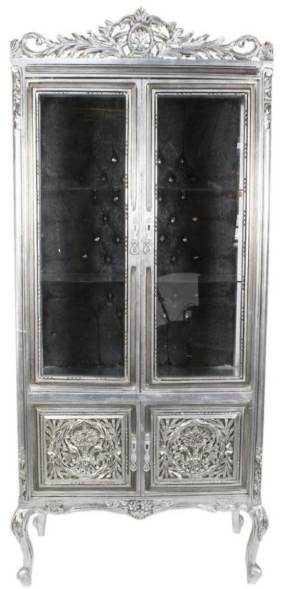 Casa Padrino Vitrine Barock Vitrine Silber / Schwarz 100 x 40 x H. 170 cm - Prunkvoller Barock Vitrinenschrank mit 2 Glastüren wunderschönen Verzierungen und Glitzersteinen