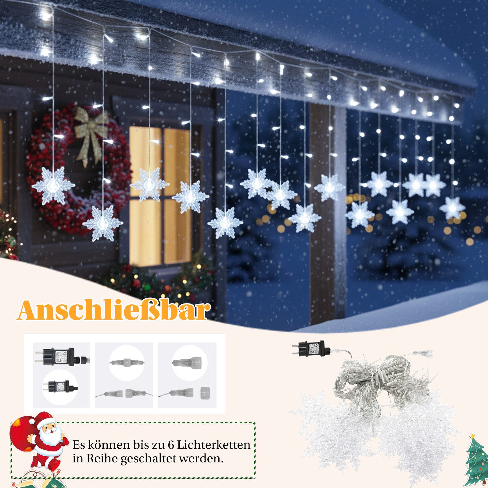 SERBASIC Lichtervorhang LED Schneeflocke Lichterkette, mit 8 Modi und Speicherfunktion, Timer, für Außen Weihnachten, Hochzeit, Balkon, Große Schneeflocke