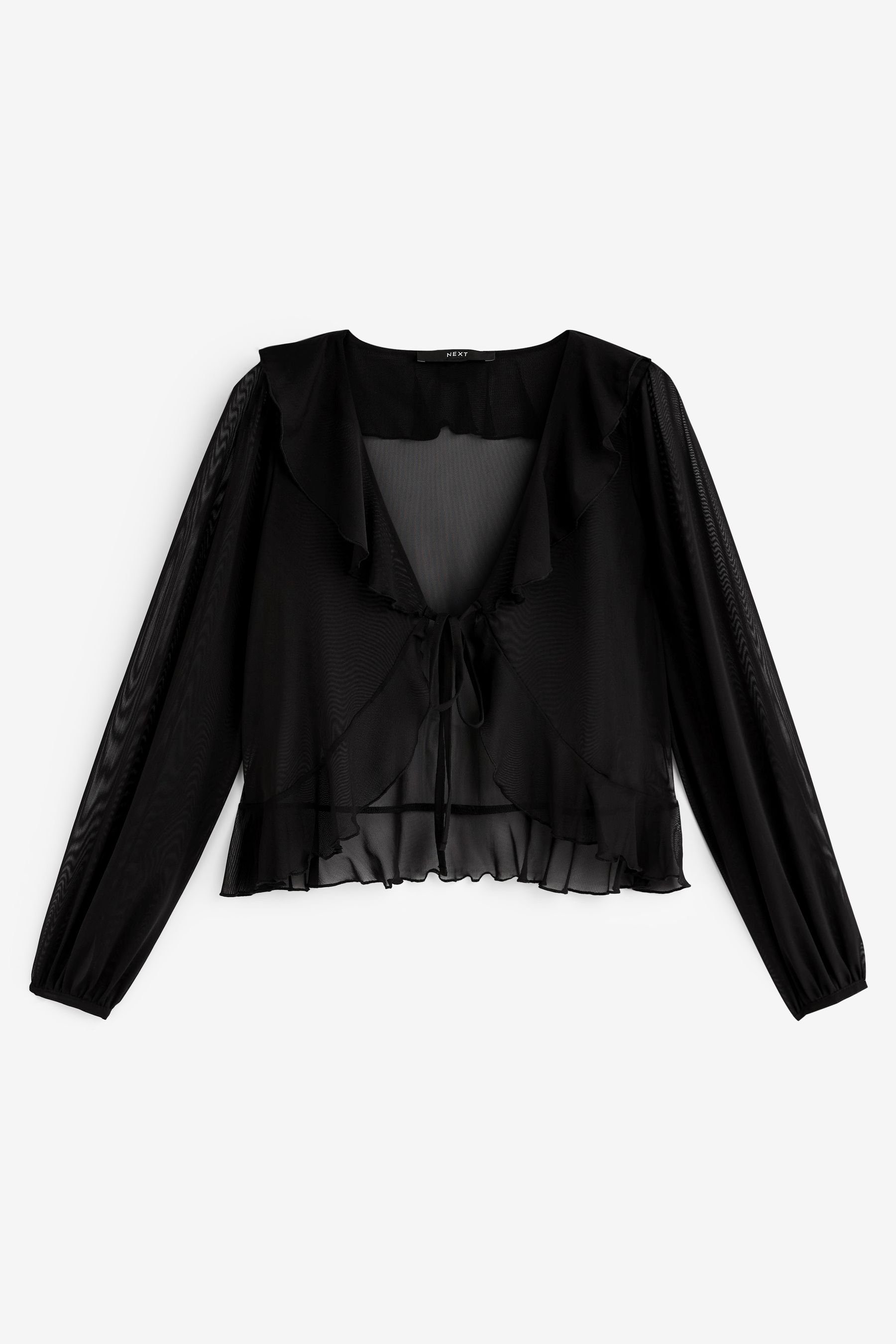 Next Blusenshirt Langärmlige Black Rüschen mit Netzstoff-Bluse (1-tlg) Binden zum