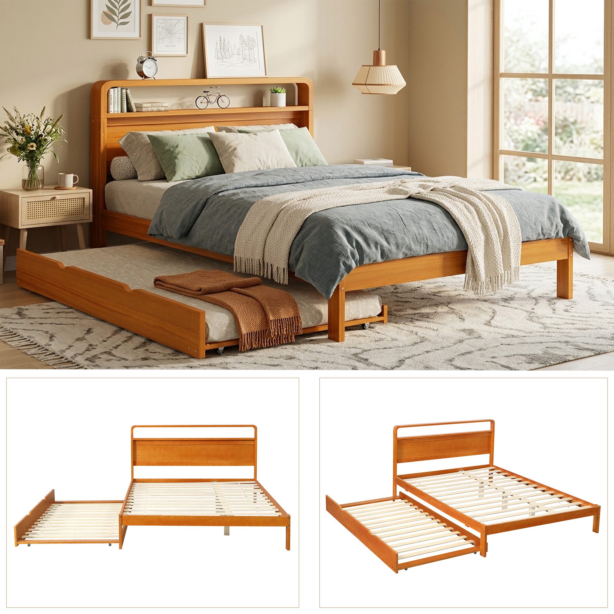 OKWISH Holzbett Funktionsbett Jugendbett (Jugendbett 140x200 cm mit weichem Kopfteil und Ausziehfunktion), Gästebett Kinderbett, Inklusive Matratze