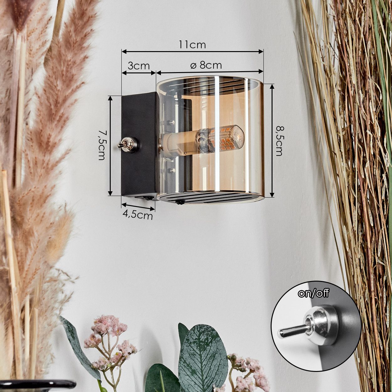 hofstein Wandleuchte Wandlampe aus Metall/Glas in Schwarz/Bernstein, ohne Leuchtmittel, moderne Up&Down-Leuchte mit Lichteffekt, Schalter am Gehäuse, G9