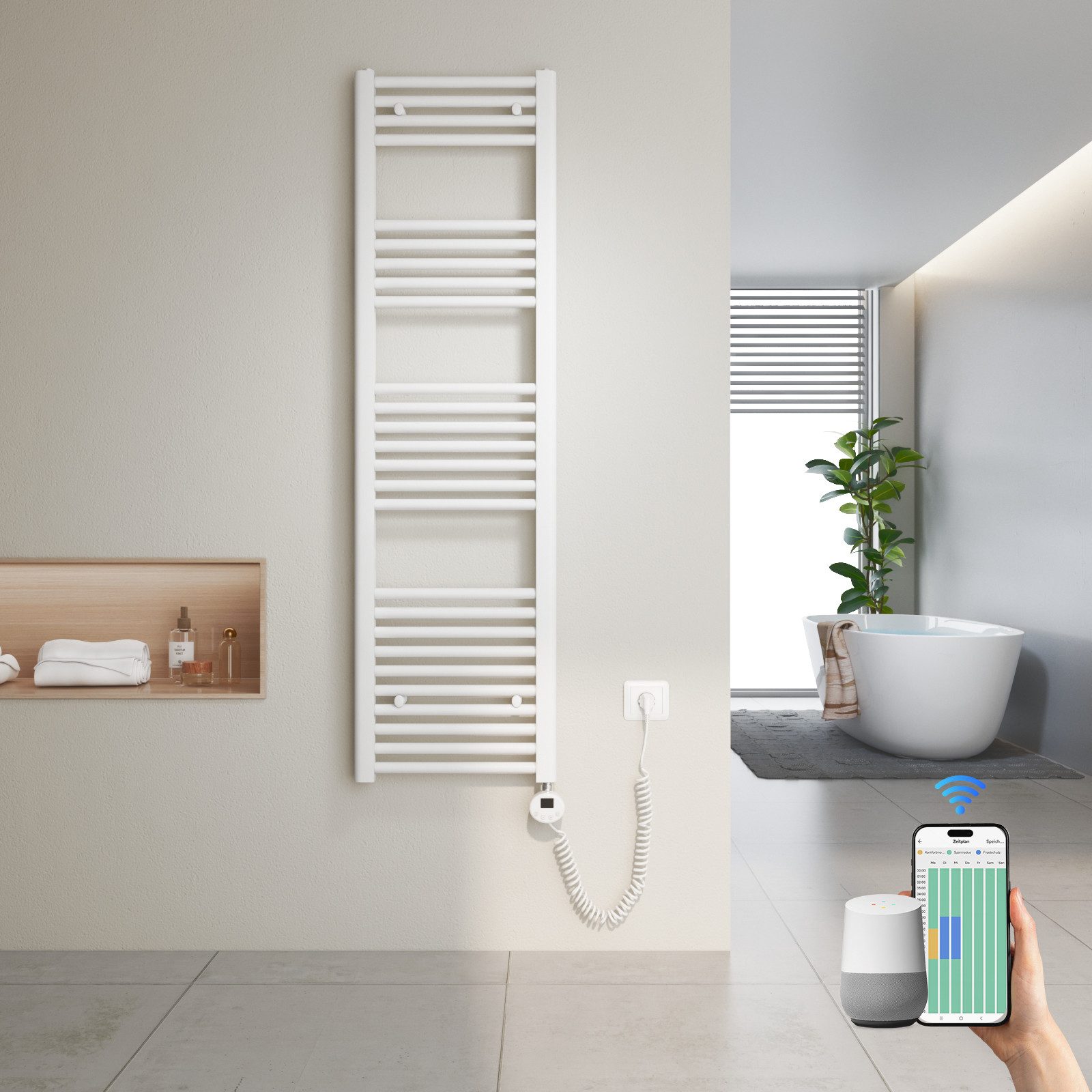 MEYKOERS Elektrischer Badheizkörper mit Smart WLAN Thermostat Heizstab, Höhe: 140 cm, Intelligente App/Sprachsteuerung, Weiß/Anthrazit