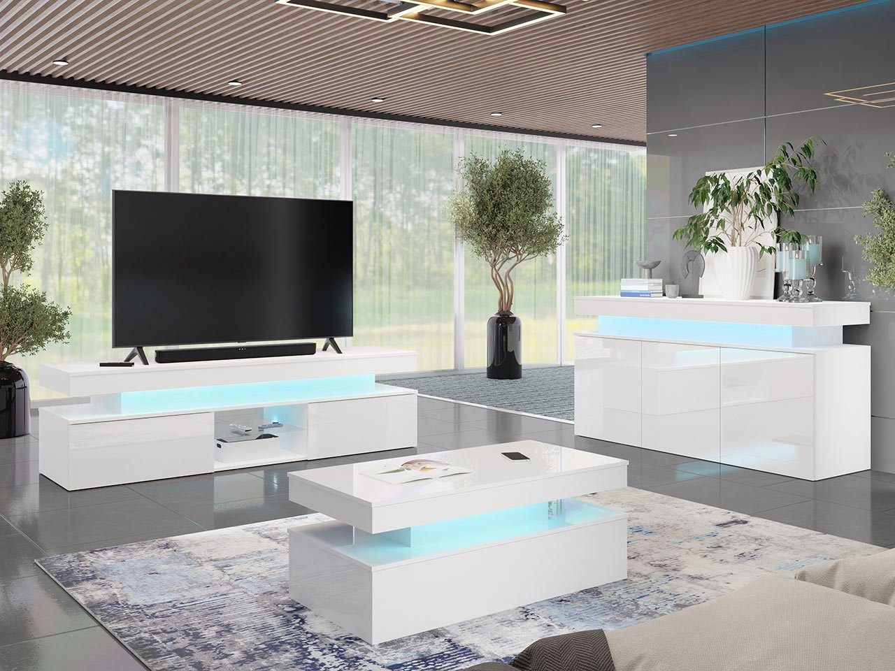 MIRJAN24 Wohnzimmer-Set Glossa I, (3er-Set, Kommode, TV-Lowboard, Couchtisch), mit blauer LED-Beleuchtung Weiß Hochglanz