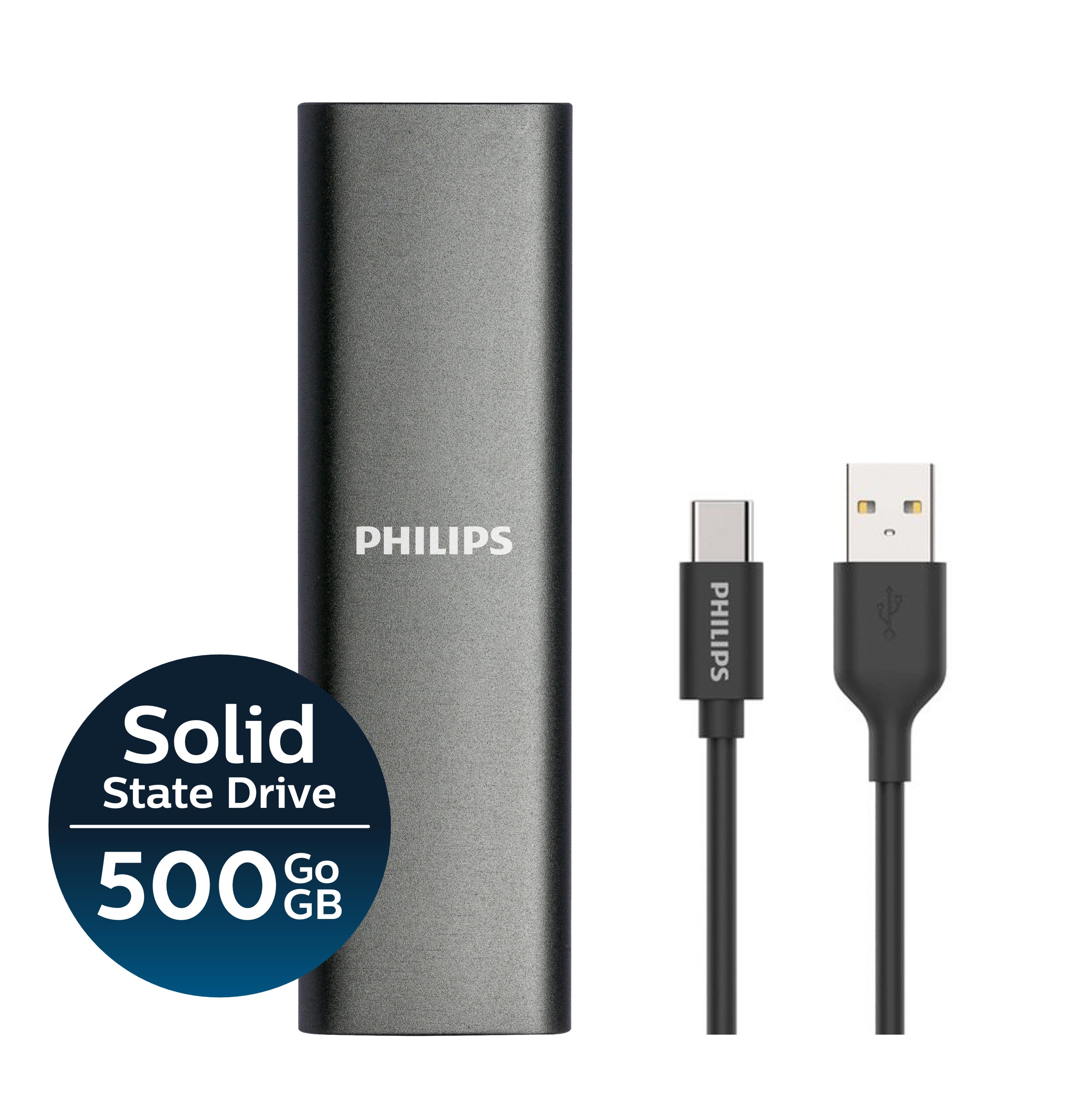 Philips Portable SSD 500 GB, FM50SS031P/00 externe SSD (500GB) 2,5" 540 MB/S Lesegeschwindigkeit, 520 MB/S Schreibgeschwindigkeit, Ultra Speed USB-C 3.2, Space Grey, Aluminium