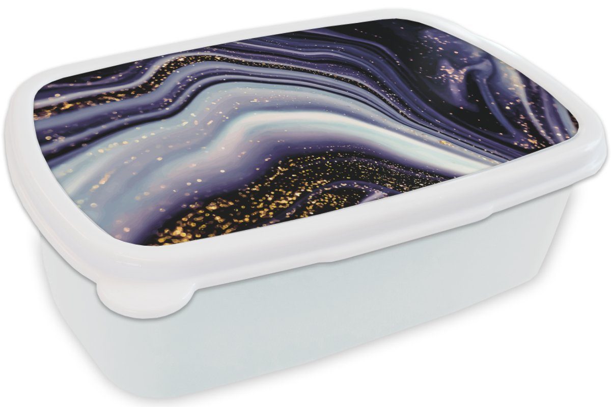 MuchoWow Lunchbox Marmor Brotdose, Kunststoff, - Mädchen (2-tlg), für Lila - - und für Jungs Glitzer, Erwachsene, Kinder Luxus und Marmoroptik - weiß Brotbox