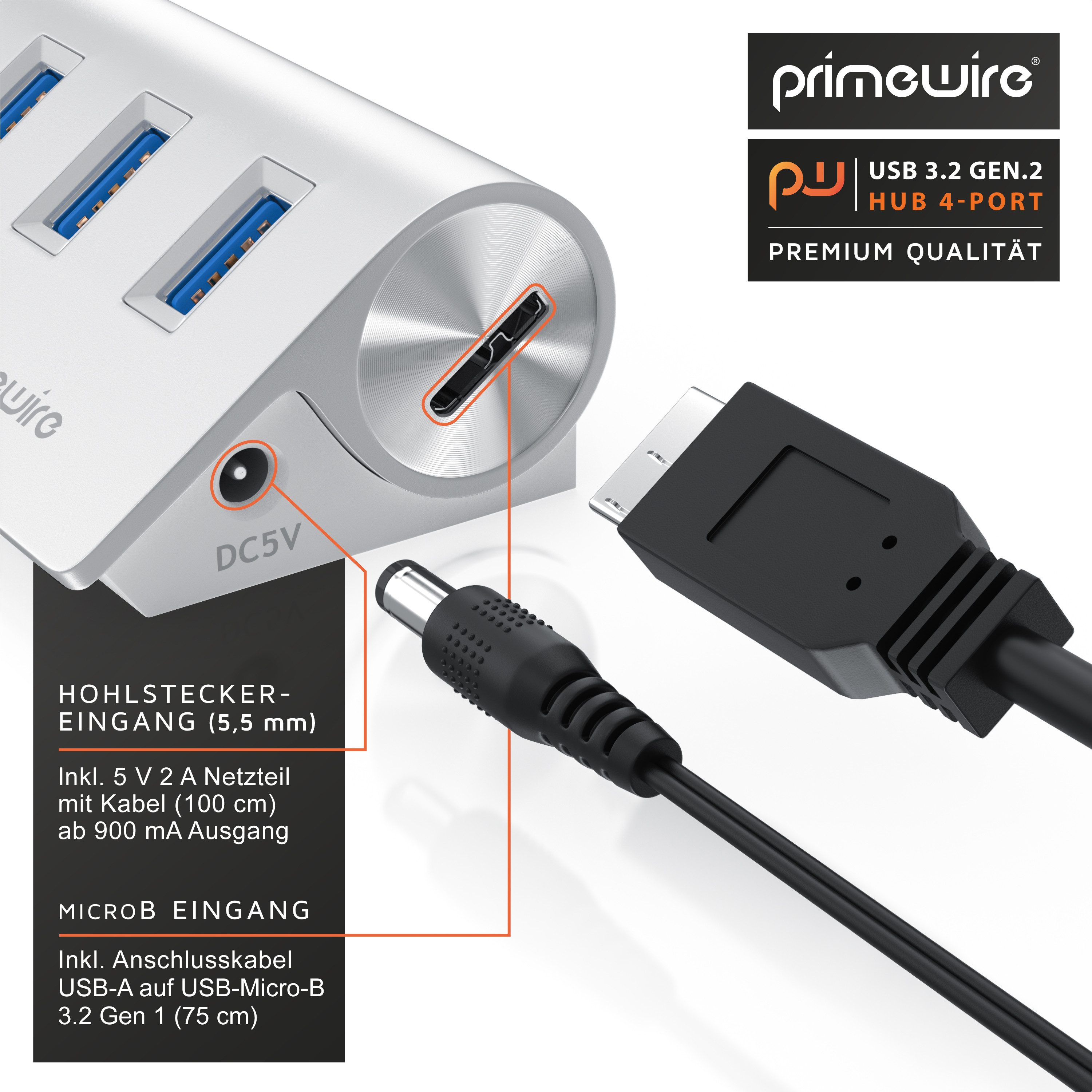 Primewire 4 Port USB 3.2 Gen2 Hub Aktiv Verteiler mit Netzteil, Alugehäuse USB-Adapter 1× USB Typ A Stecker zu 4 x USB 3.2 Gen2 Buchse, 10 Gbit/s für Festplatte – Bild 3 von 5