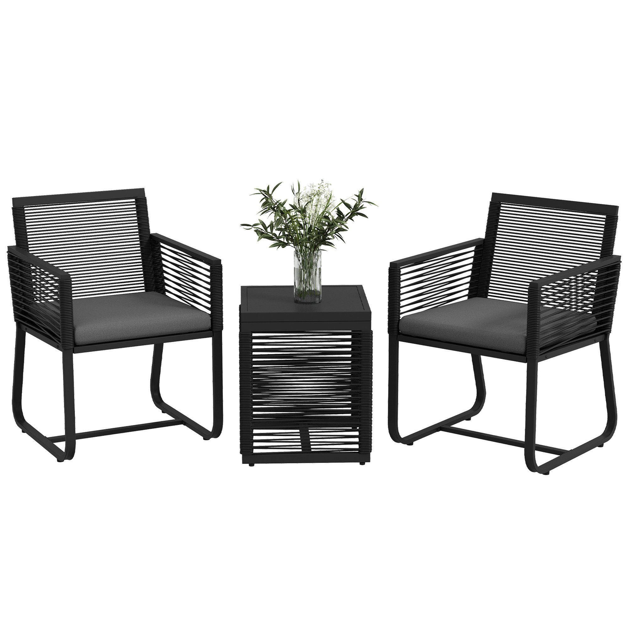 Outsunny Gartenlounge-Set Rattan Gartenmöbel-Set, 2 Gartenstühle, Beistelltisch, (Sitzgarnitur, 3-tlg., Gartengarnitur), mit Tischplatte aus Hartglas, Kissen, für Balkon, Schwarz
