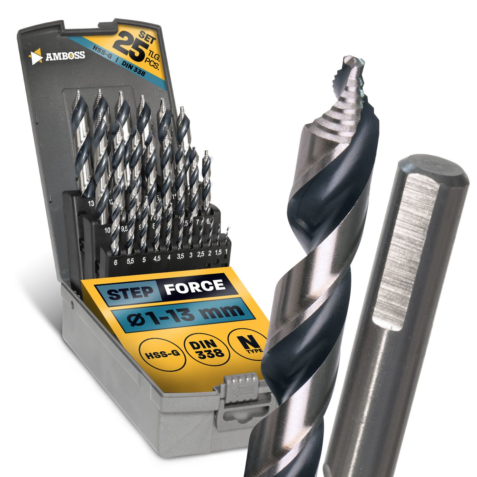 Amboss Werkzeuge Spiralbohrer 25-tlg. Step Force Set Spiralbohrer HSS-G DIN 338