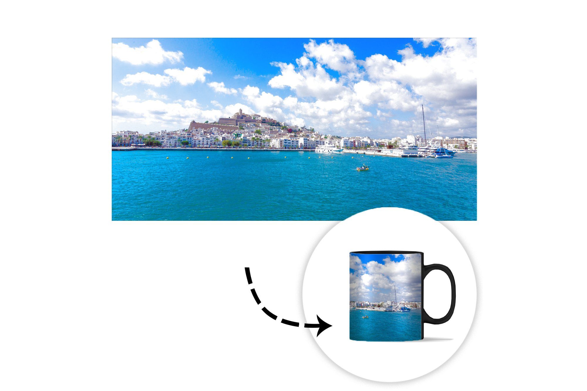Tasse Teetasse, Ibiza, Yachthafen Kaffeetassen, Geschenk Farbwechsel, Keramik, Zaubertasse, MuchoWow auf